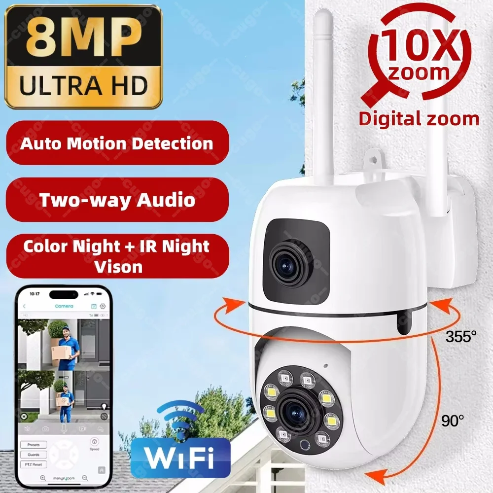 8MP Dual lens WiFi Camera 10X Zoom Wireless Surveillance Cameras Outdoor CCTV Auto Motion Detection Smart Home IP Baby Monitor