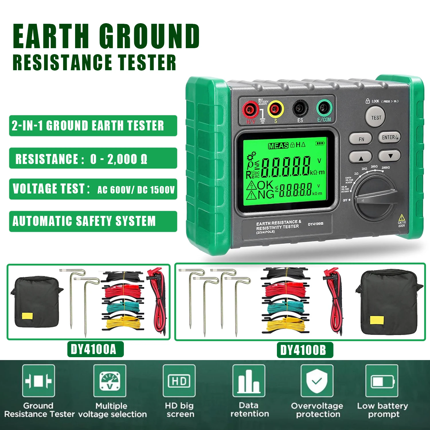 Digital Earth Ground Resistance Meg-ohmmeter 0-2000 Ohm Portable Durable Megohmmeter for Professional Testing