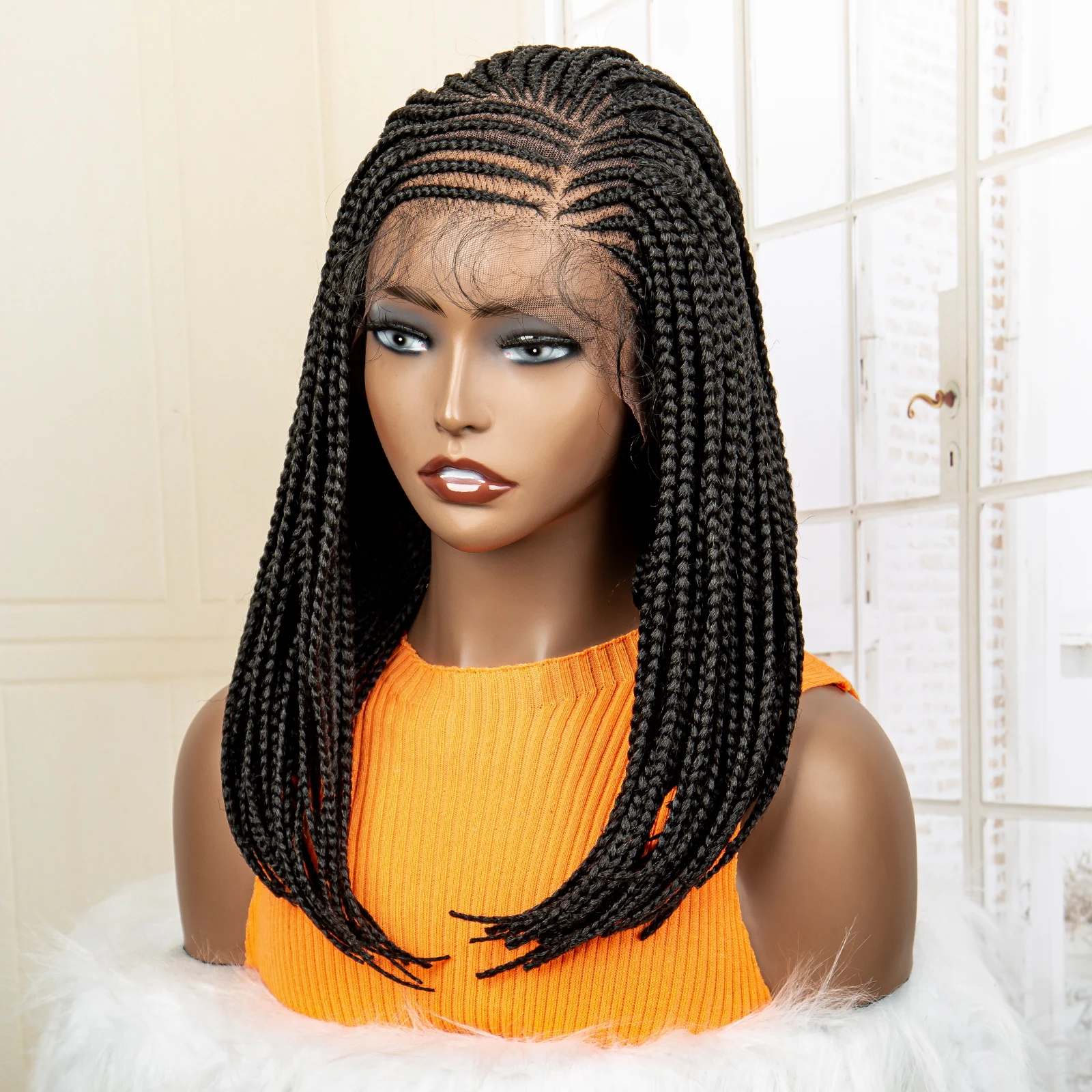 16 Inches Bob Braided Wigs Synthetic 13x4 Lace Frontal Short Afro Braided Hair for Black Women with Baby Hair Natural Color