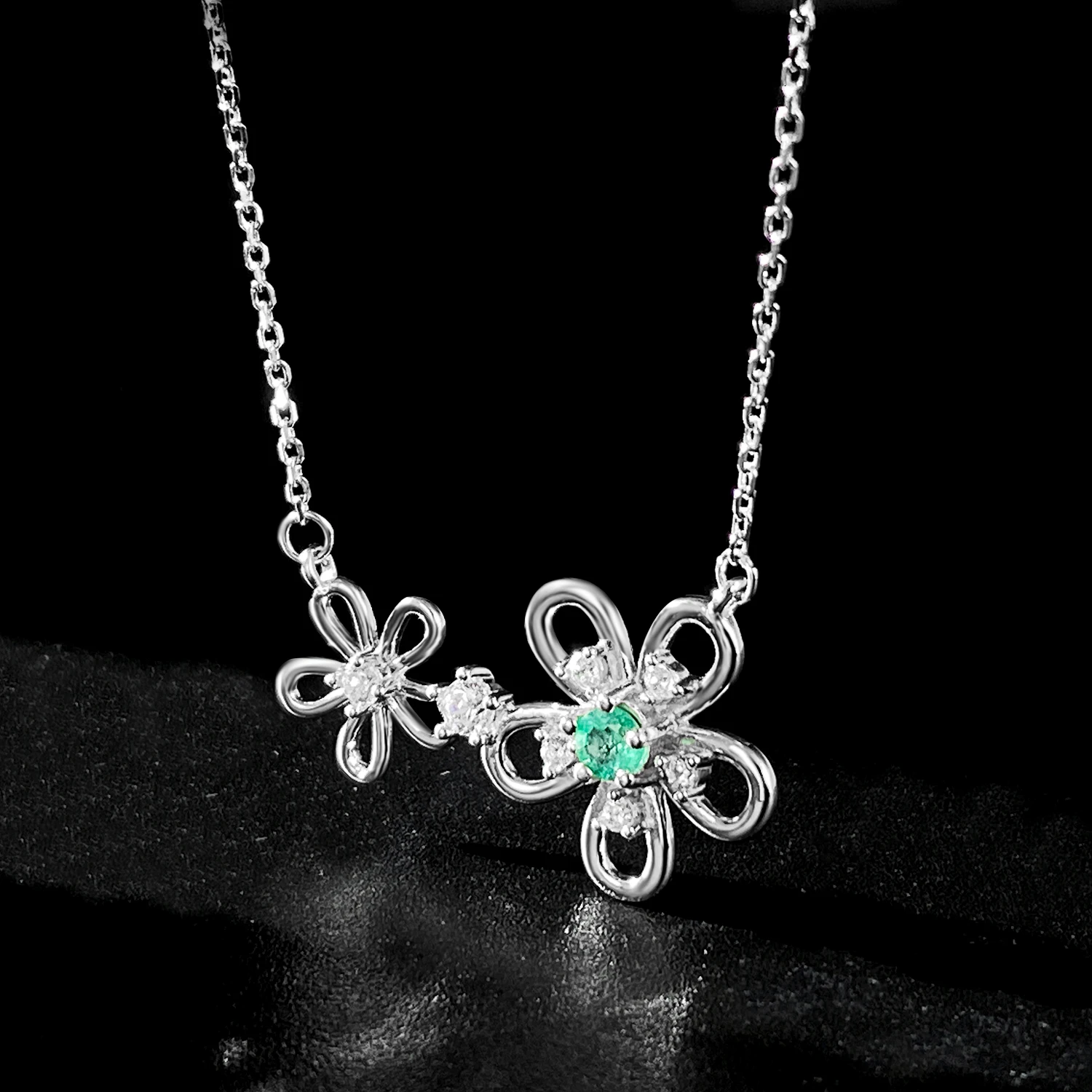 SILE Fashion Double Flower Charm Pendants Natural Emerald Gemstone Women Necklaces 925 sterling silver collares con colgante