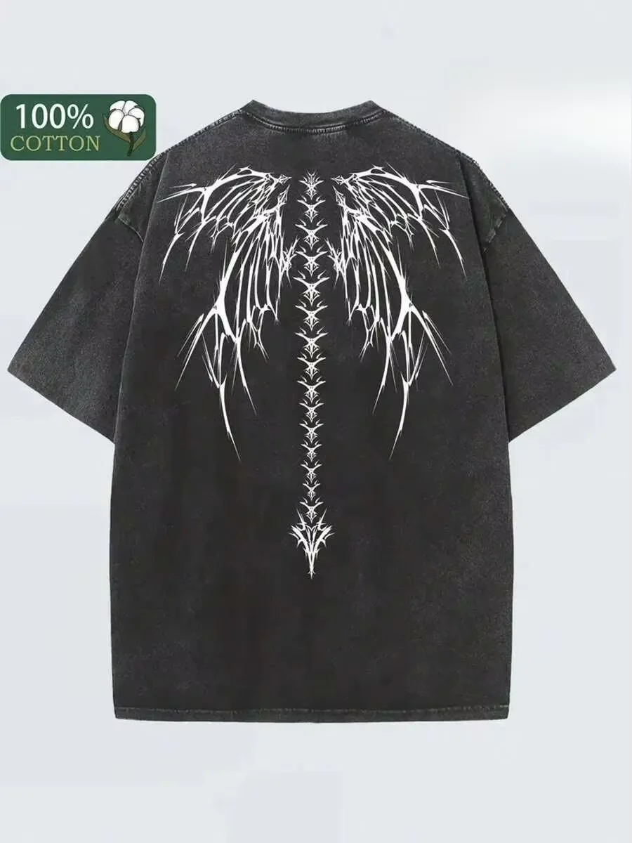 Black Vintage Washed Batik Cotton Oversized T-Shirt, White Gothic Wings Back Print Unisex Soft Loose Comfort Streetwear Graphic Tee