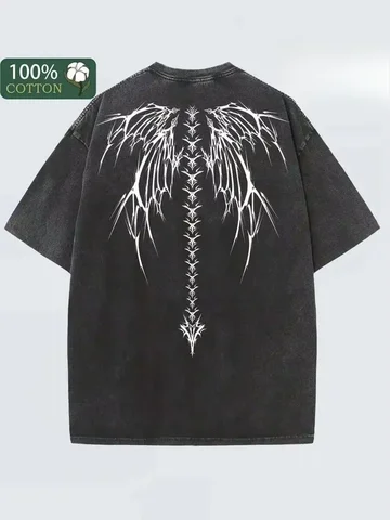 Black Vintage Washed Batik Cotton Oversized T-Shirt, White Gothic Wings Back Print Unisex Soft Loose Comfort Streetwear Graphic Tee