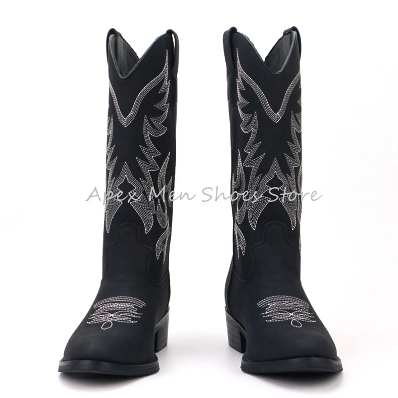 New Arrival Sewing Western Cowboy Boots Men's Zipper Mid Calf Leather Boots Retro Pointed Toe Riding Boots British Work Botas