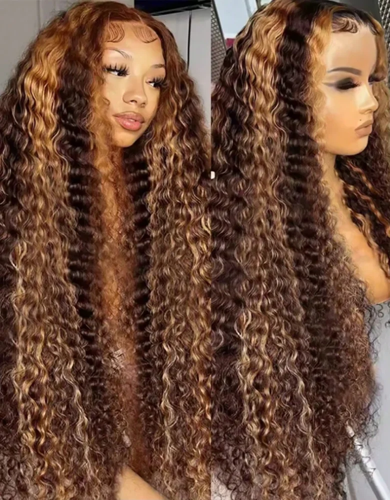 28 polegada destaque ombre peruca dianteira do laço 200 densidade 13x4 hd mel loira 4/27 onda profunda perucas frontais do laço
