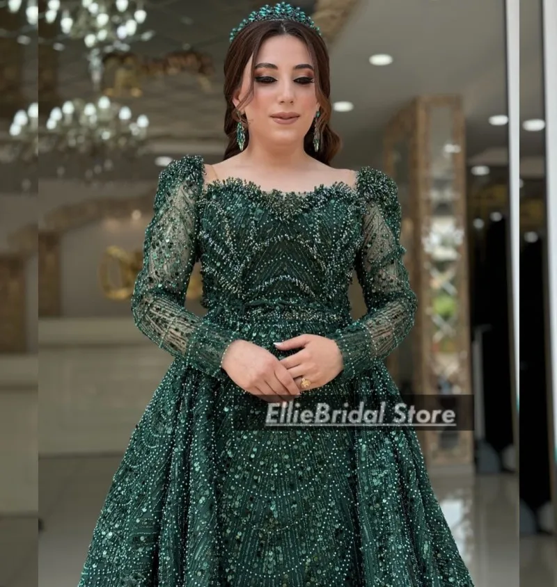 

Saudi Arabia Evening Dresses Overskirt Customized Beaded Fuchsia Engagement Dress Long Sleeves Prom Party Gowns Robe