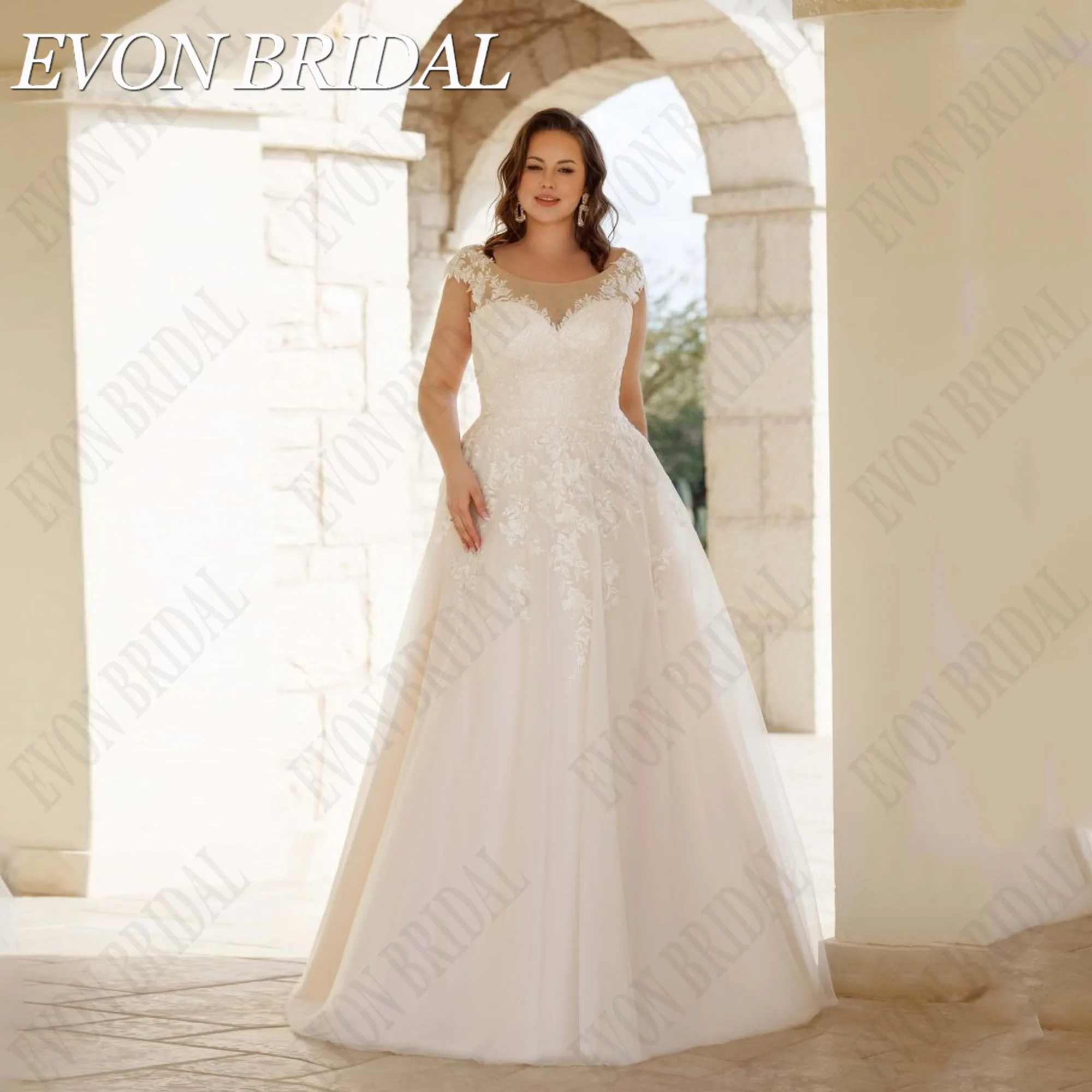 

EVON BRIDAL Civil Lace Plus Size Wedding Dresses For Bride Cap Sleeves Scoop Neck Applique A Line Tulle Vestidos De Novia