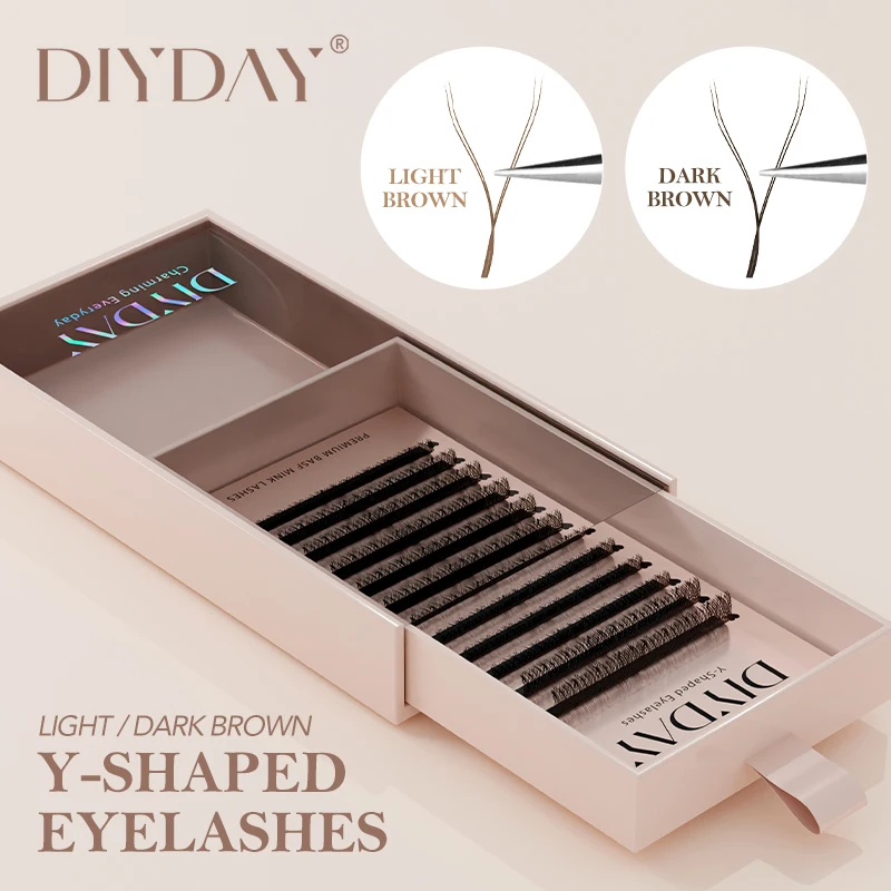 DIYDAY YY Shape Brown Eyelash Extensions C D L LU Curl Lashes Natural Soft Premade Volume Fans Two Tips Y-Shaped False Eyelashes