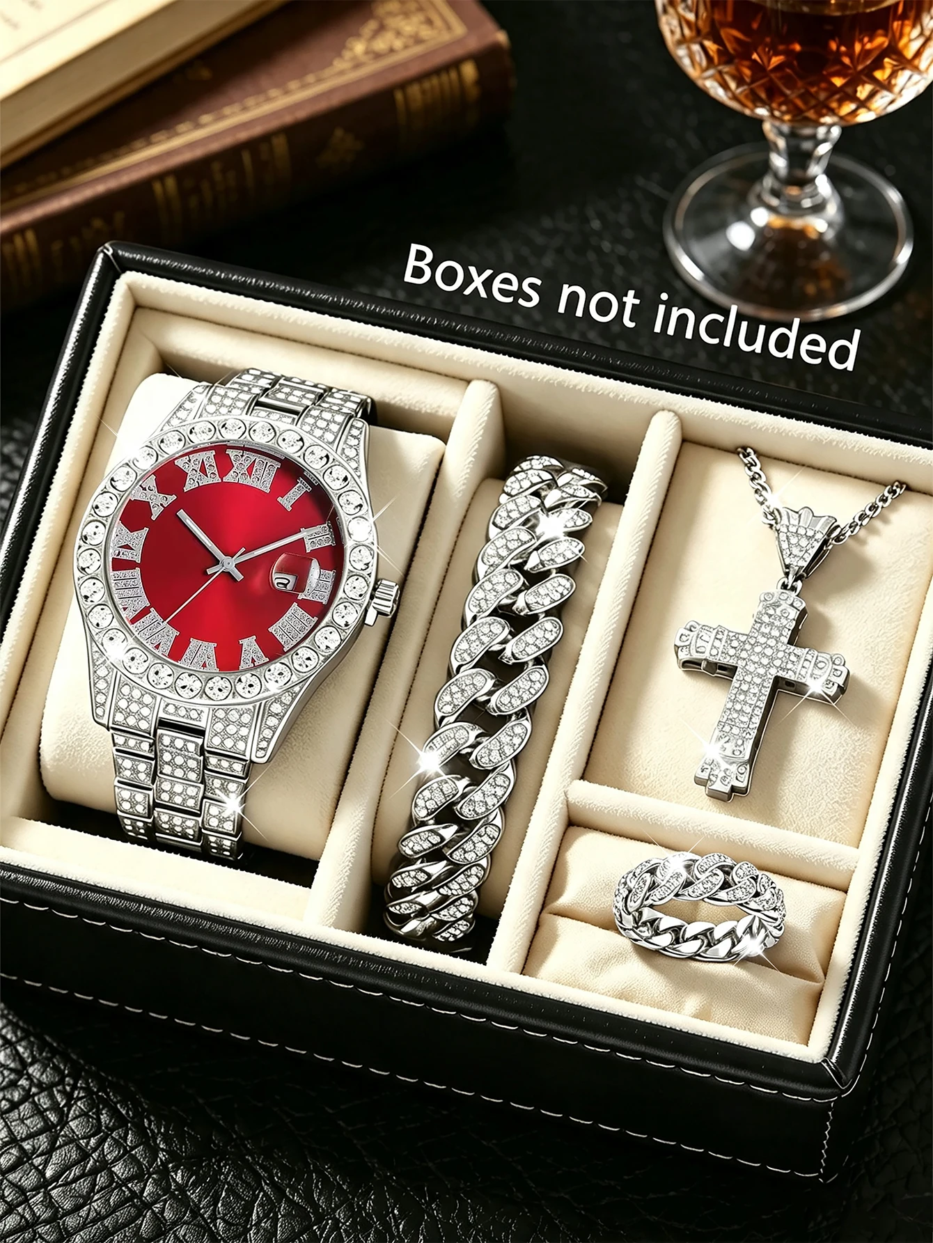 4-Piece Set, Men's Luxurious and Stylish Stainless Steel Quartz Watch with Cuban Bracelet, Cross Pendant Necklace, and Ring Set, Street Style, Fashionable, Quartz Movement, the Best Gift for Dad, Boyfriend, Classmates, Perfect for Eid Al-Adha, Back-To-School Season, Valentine's Day, Father's Day