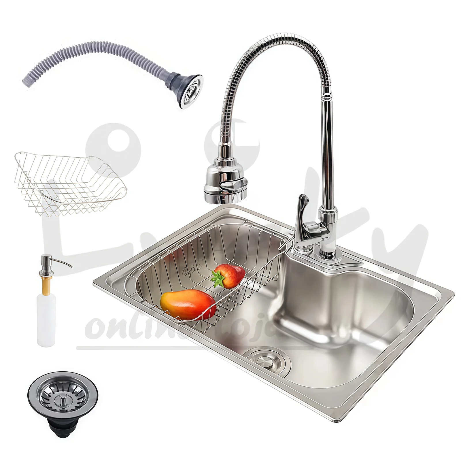Pia Única Inox Estirada 50x42cm ou 60x42cm com Cesto, Saboneteira e Torneira Opcional Preta ou Prata