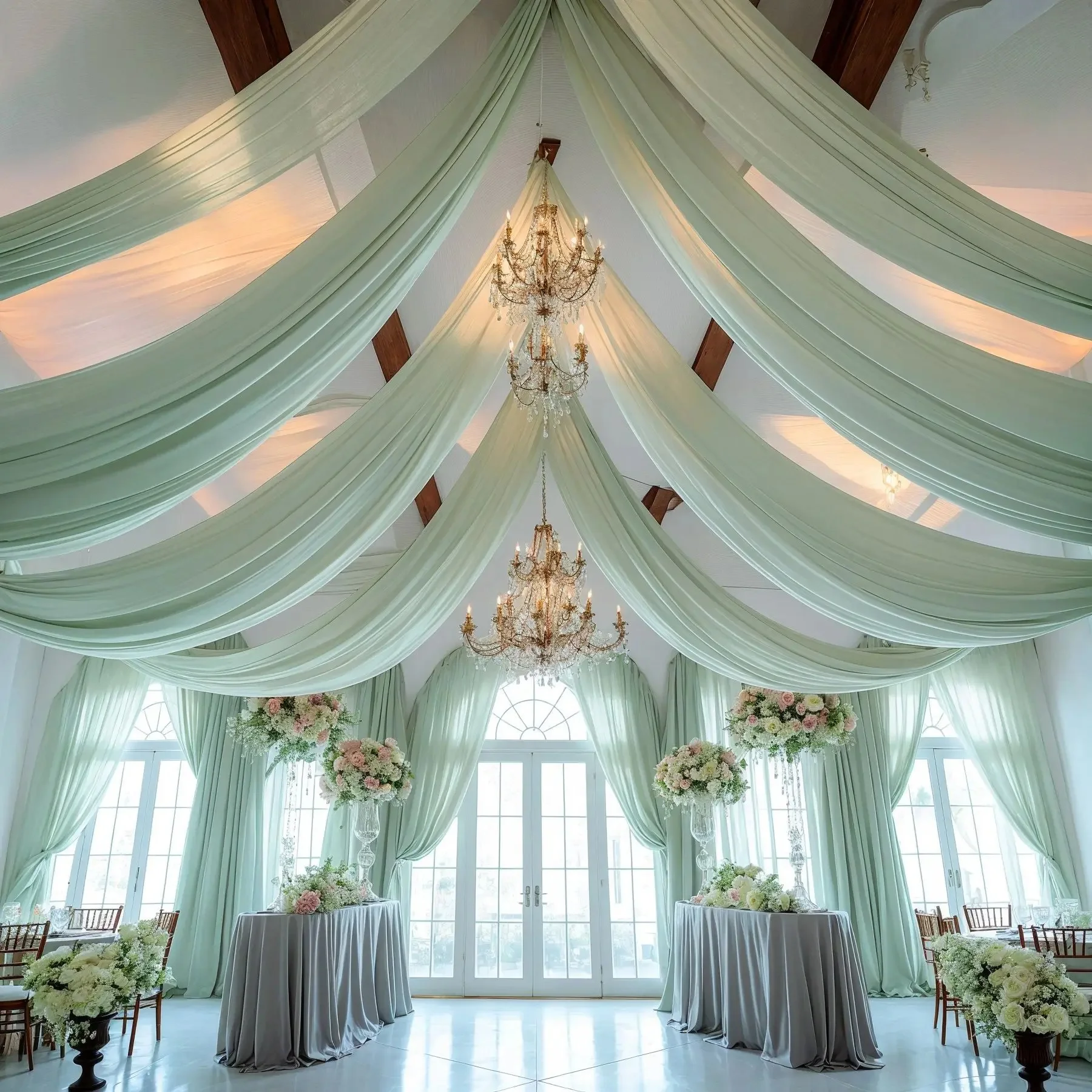 Arc de mariage blanc, drapé de toit, décor de plafond, en mousseline de soie transparente, Tulle, pour cérémonie de mariage, scène, hôtel, décoration de mariée