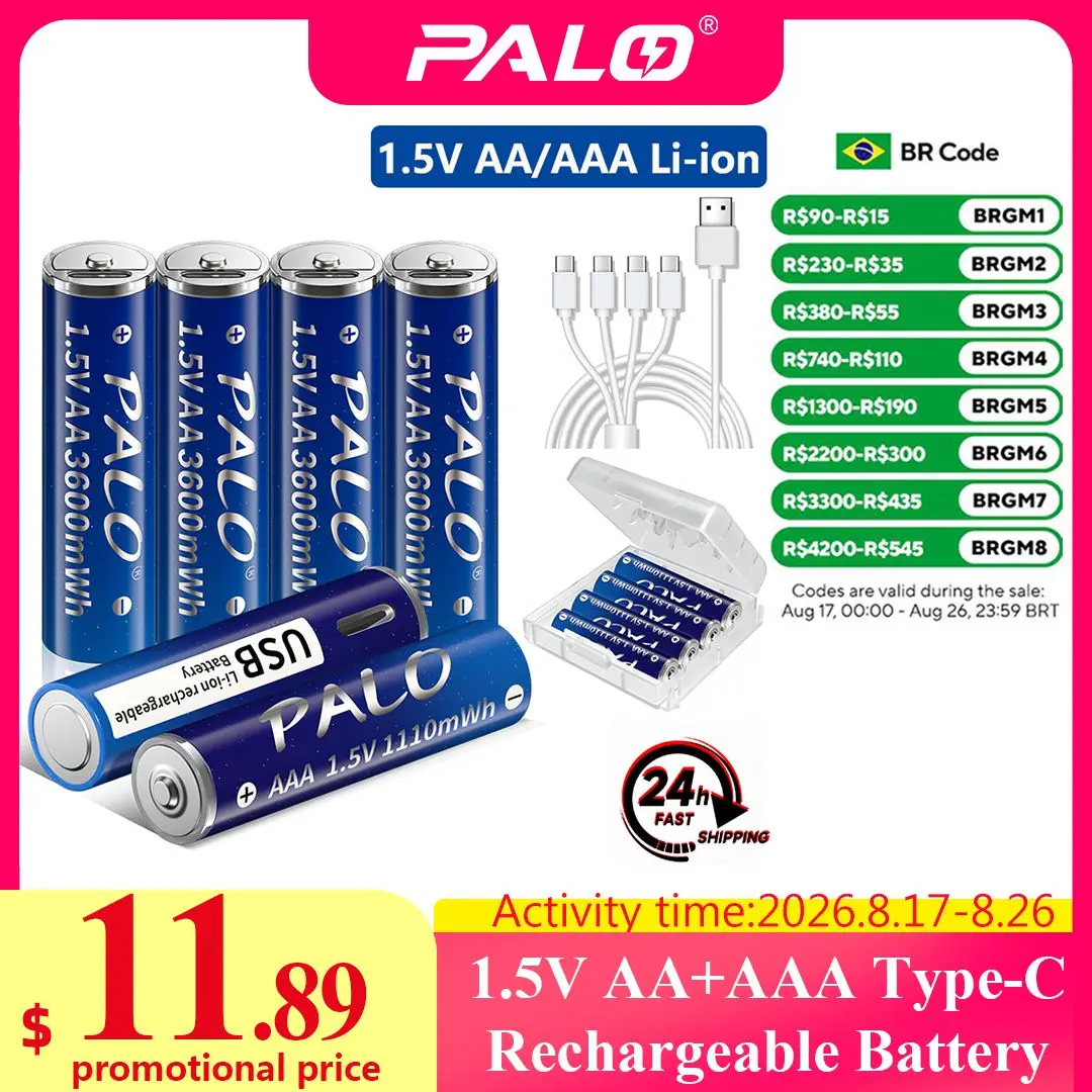 Bateria Recarregável USB 1.5V AA AAA, Baterias Li-ion AA 3600mWh/AAA 1110mWh para Brinquedos, Relógios, MP3 Players, Termômetros + Cabo TYPE-C