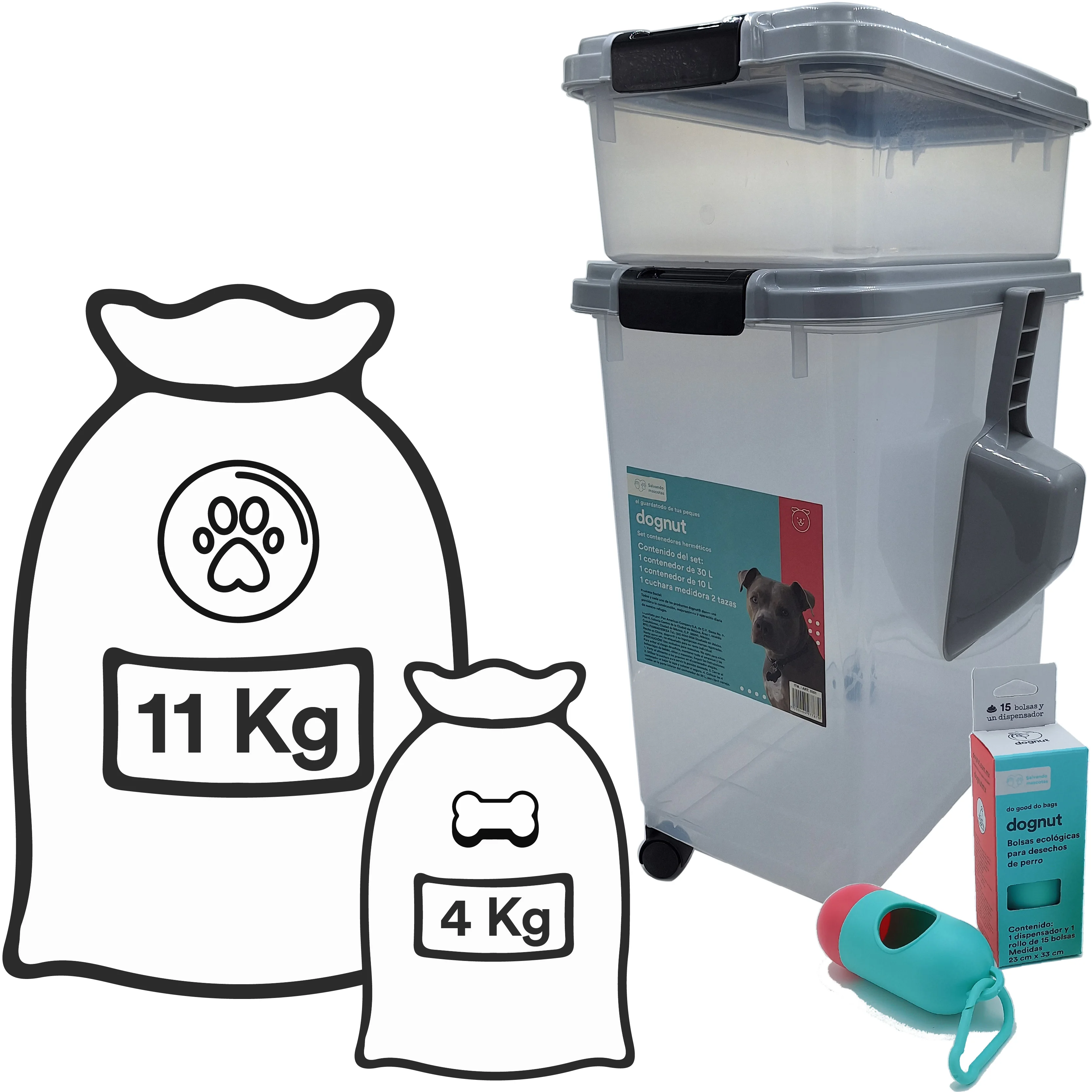 Dognut - 3 Piezas Contenedor Hermético para Alimento de Mascotas, Capacidad 11 y 4 Kgs, con Cuchara Medidora, sin BPA, con llantas para un Fácil Transporte