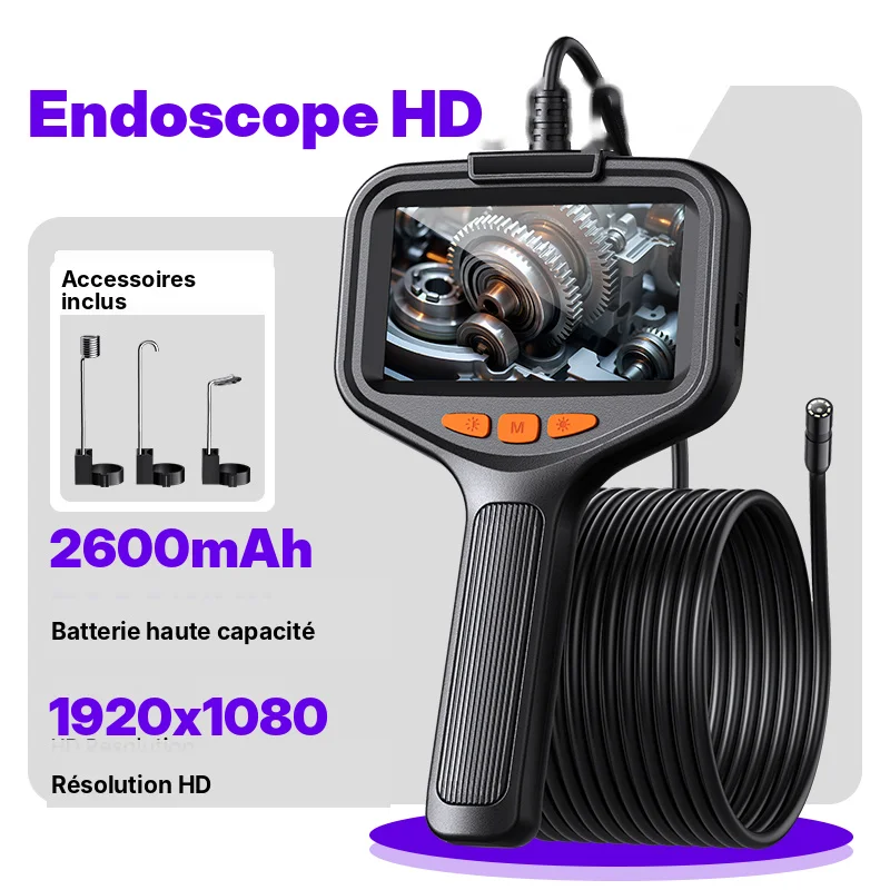 Endoscope industriel avec écran IPS de 4.3 pouces, sonde de 8MM, 8 LED, caméra d'inspection automobile, caméra de plomberie étanche, 2600mAh, câble rigide de 5M