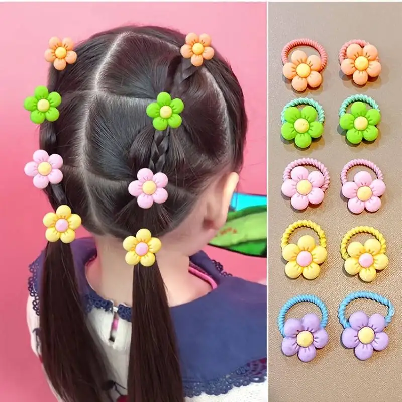 10pcs Kids Girls Tie Cute Flowers Decor Rubber Bands Hair Rope  Accessories