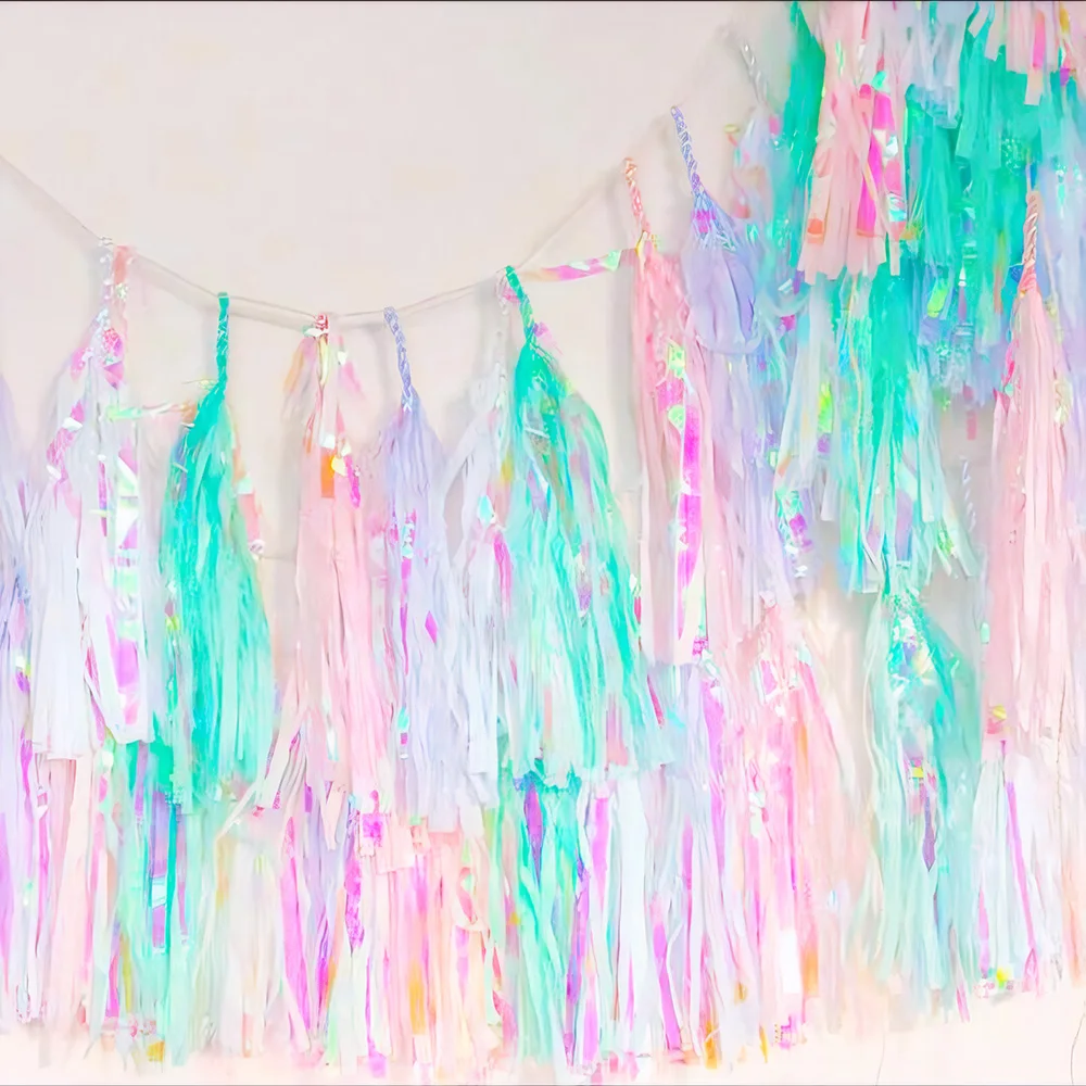 Party Decoration Iridescent Paper Tassel Garland For Mermaid Unicorn Party Baptism Birthday Baby Shower Decorations DIY Crafts