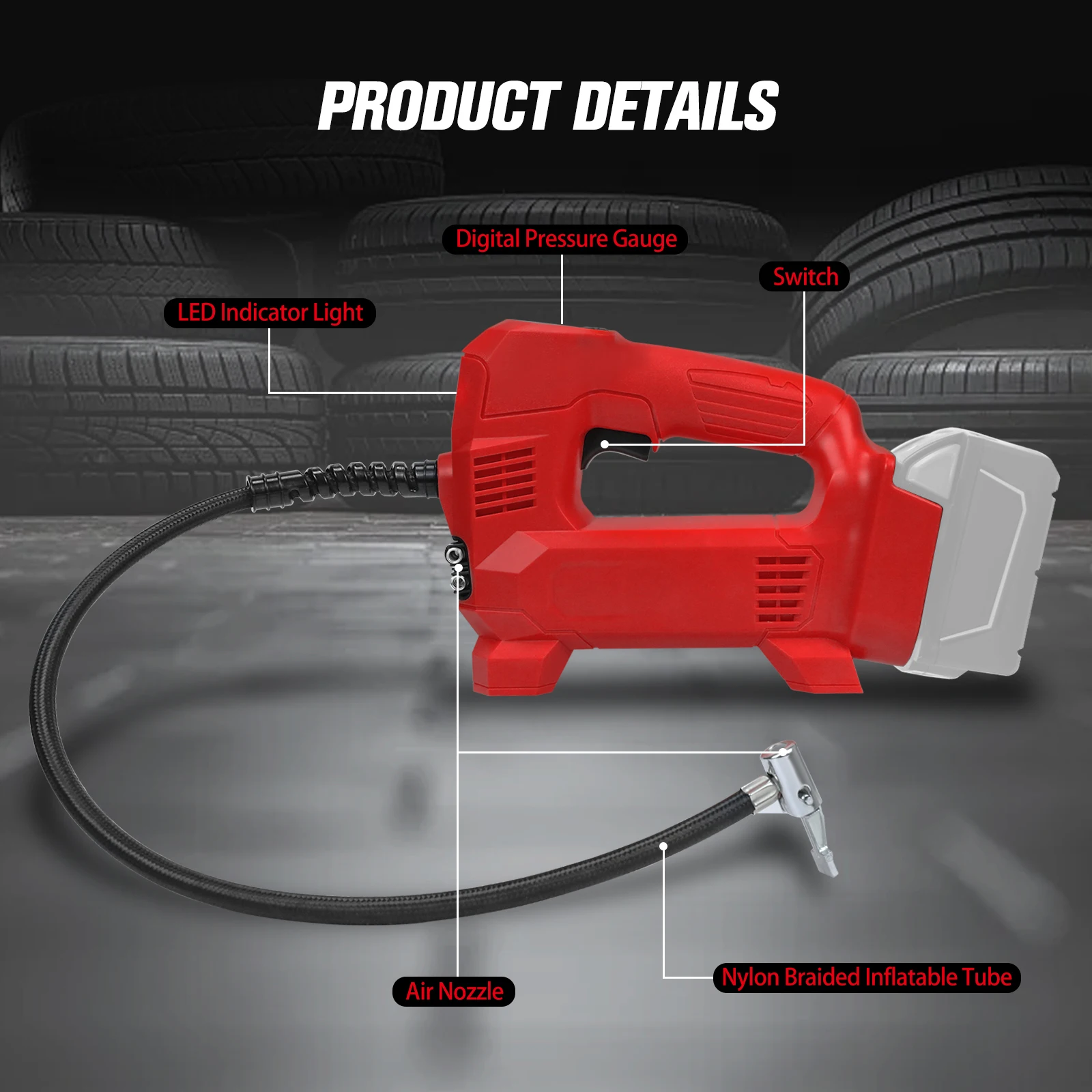Compressor de ar inflador de pneus sem fio 150PSI para bomba de ar portátil de bateria Milwauke 18V com medidor de pressão digital (sem bateria)