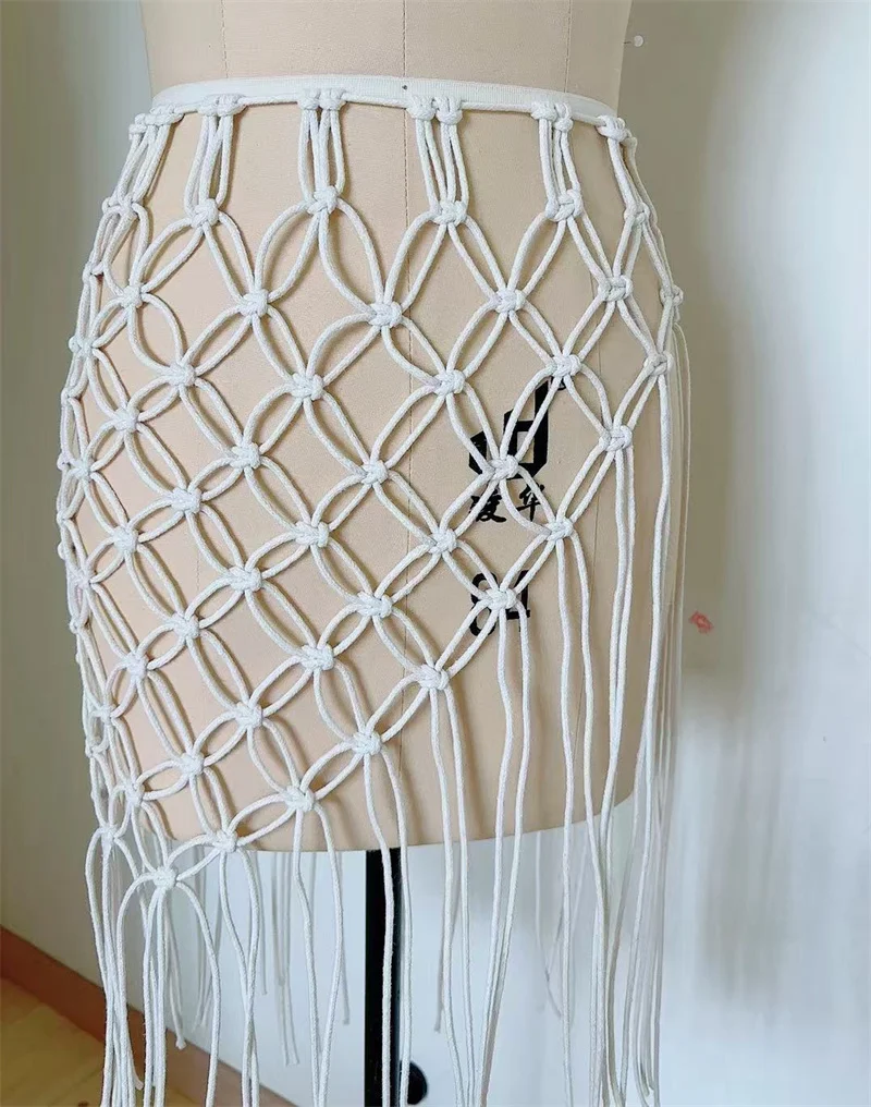 手作りかぎ針編みスカートセクシーな透かし彫りタッセルレースアップハイウエストスカートサロンラップボトムビキニカバーアップ水着女性用水着