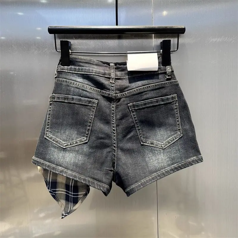 Short taille haute en Patchwork à carreaux noirs pour femmes Y2K American High Street années 2000 rétro Hot Girl Short en jean trapèze à jambes larges