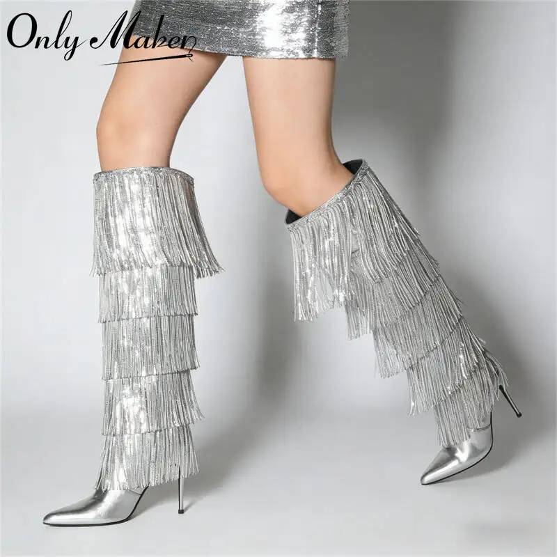 

Onlymaker Women Sliver Pointed Toe Fringe Metallic Slim Over The Knee Boots Stiletto Dance Sexy Thigh Boots