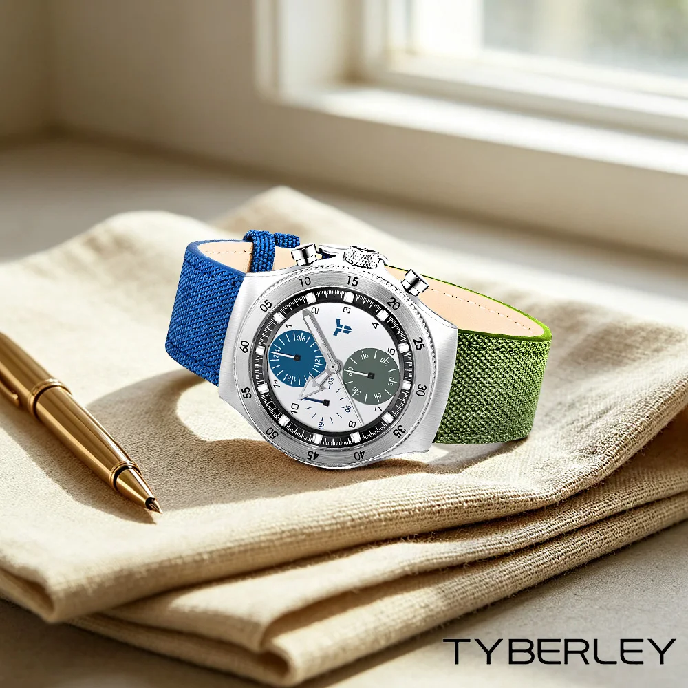 2026 TYBERLEY Brand Fashion Atmosphere Men's Quartz Watch Dual Time Zone VD38 sapphire Mirror Men's Watch Two-Color Nylon Strap