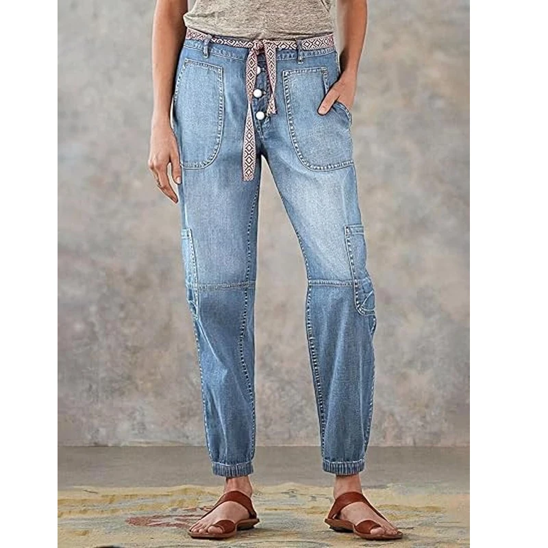 ヴィンテージスタイルのレディースクロップドデニムジーンズ、綿75%、ポリエステル23%、スパンデックス2%、ミディアムストレッチフレンチボタンフライローライズジーンズ