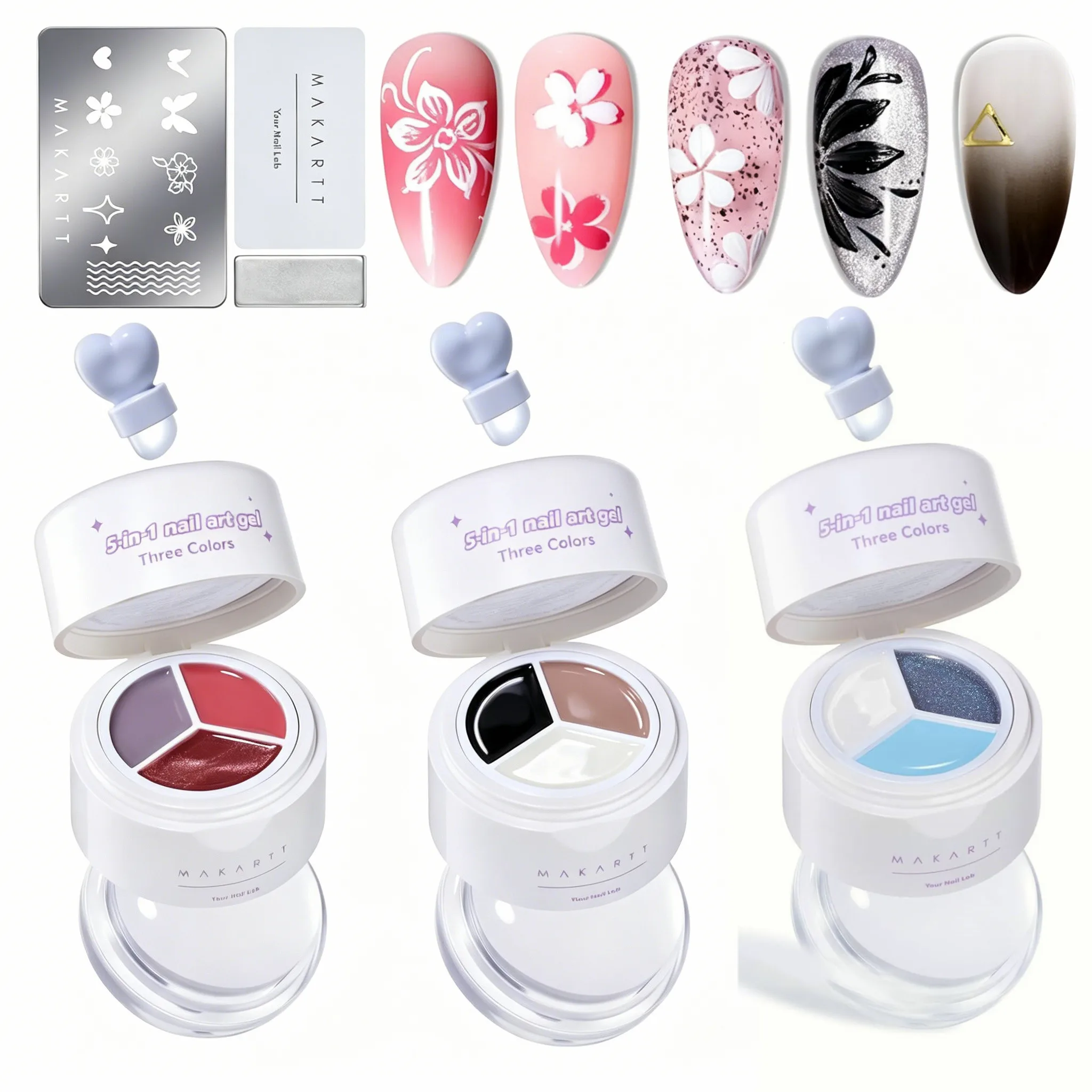 

Makartt ColorPot 5-in-1 Nail Art Gel 3 Colors No Wipe Gel Polish with Stamp for Stamping Ombre French Tips Painting Sculpting