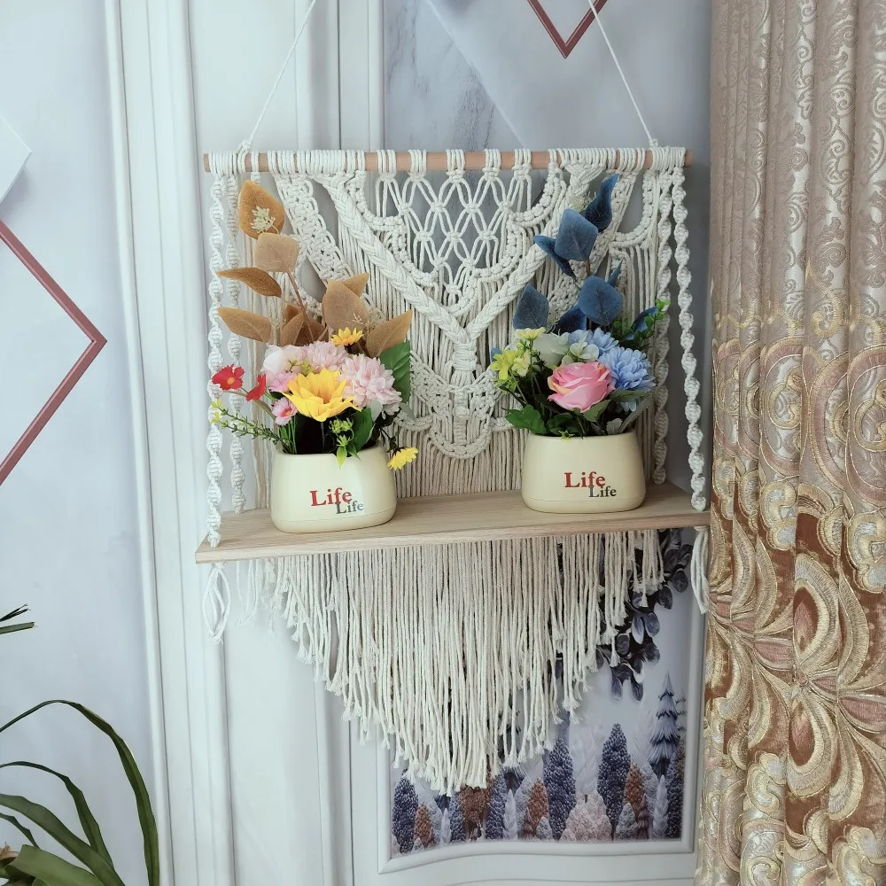 

Cream White Macrame Floating Shelf Bedroom Living Room Wall Shelf Boho Flower Pot Display Stand Rustic Kids Toys Organizer Decor