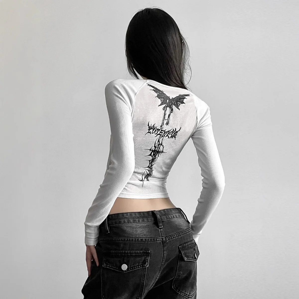 Y2k camisetas femininas vintage casual o-pescoço manga longa graffiti impressão gráfica camiseta coreano moda diária sólida topos primavera verão