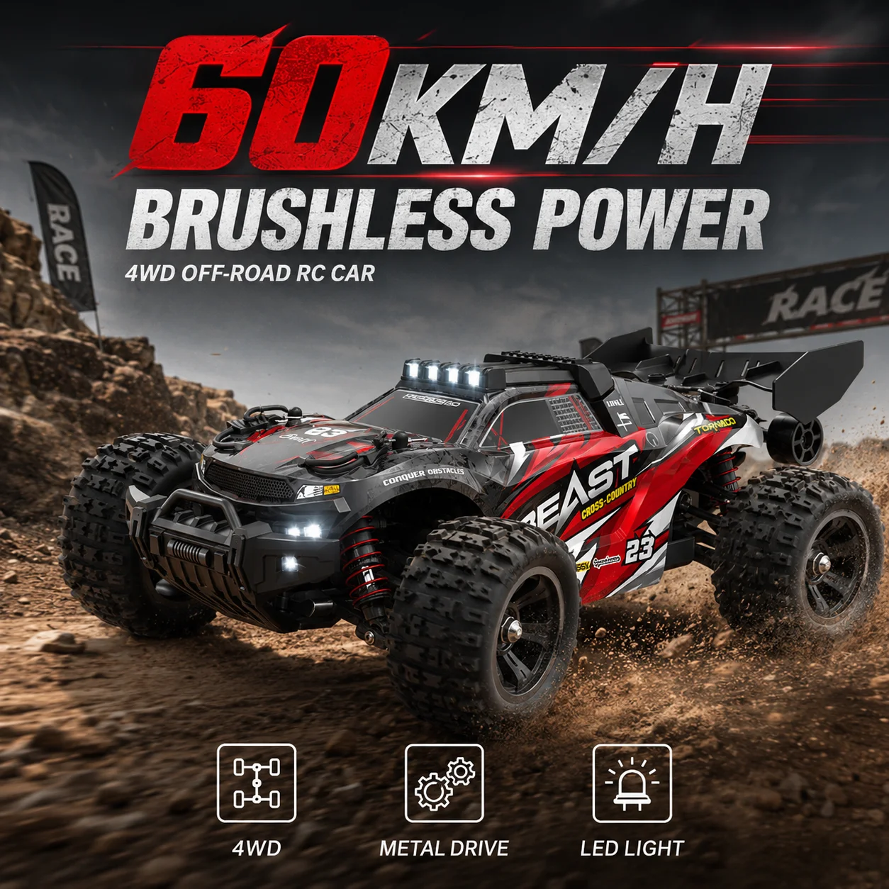4WD High Speed Off-Road RC Car 60KM/H Brushless Motor 2.4G 120M Remote Metal Differential Alloy Chassis LED Headlight 7.4V Lithium Battery Hobby Car