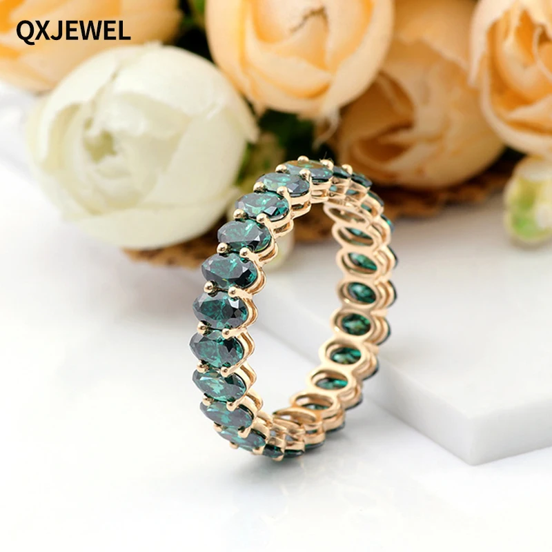 QXJEWEL 18k Yellow Gold Oval Shape Green Real Moissanite Full Eternity Ring Prong Setting For Women Wedding Gift