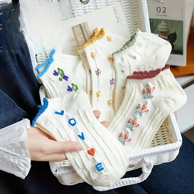 [ถุงเท้าลายดอกไม้ 5 คู่ น้ำหนักเบา ขอบระบาย] ถุงเท้าข้อสั้นลายดอกไม้ น่ารัก น้ำหนักเบา ขอบระบาย ถุงเท้าผู้หญิง