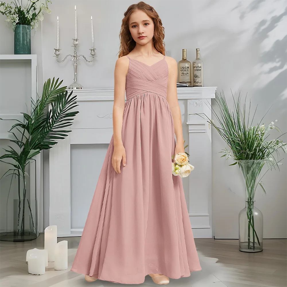 

Designer A-Line Junior Bridesmaid Dress Misty Blue Flower Girl Dress V-Neck Chiffon Floor-Length Garden Gala Dance Wedding Party