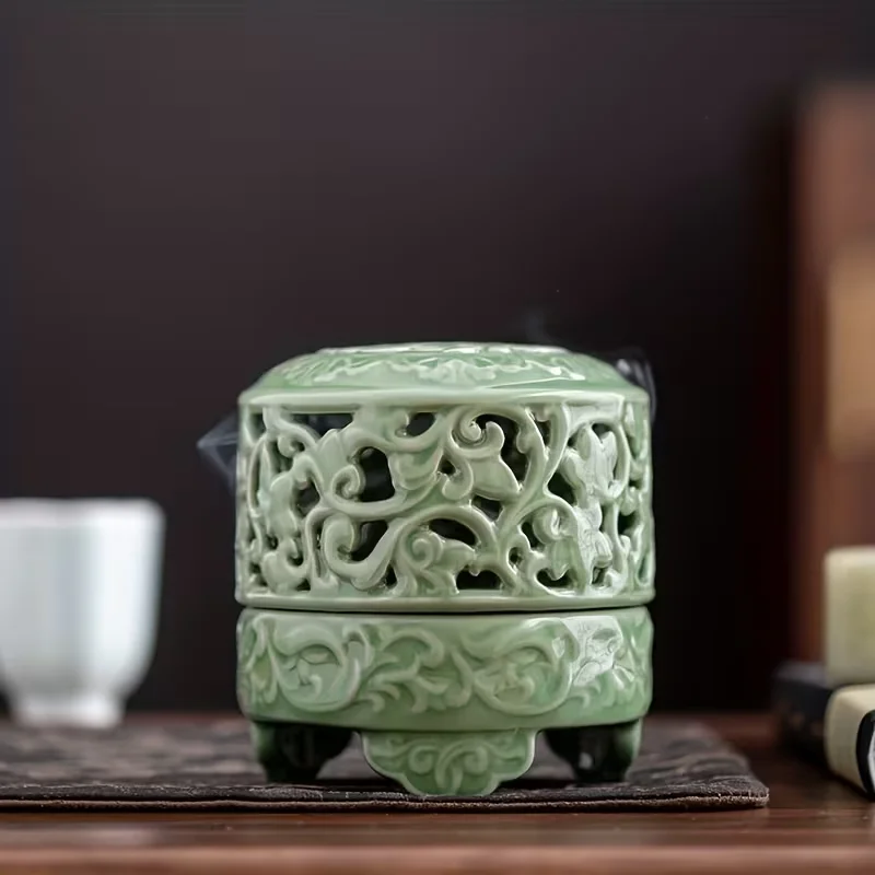Celadon Ceramic Tripod Incense Burner Hollow‑Carved Chinese Retro Zen Censer for Coil Incense Home Teahouse Decor Ornament