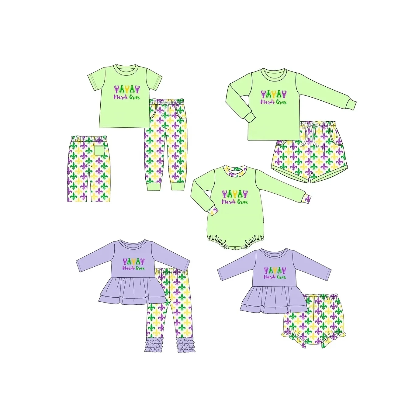 Mardi Gras collects long sleeve suits for boys and girls baby onesies Purple and green printed siblings