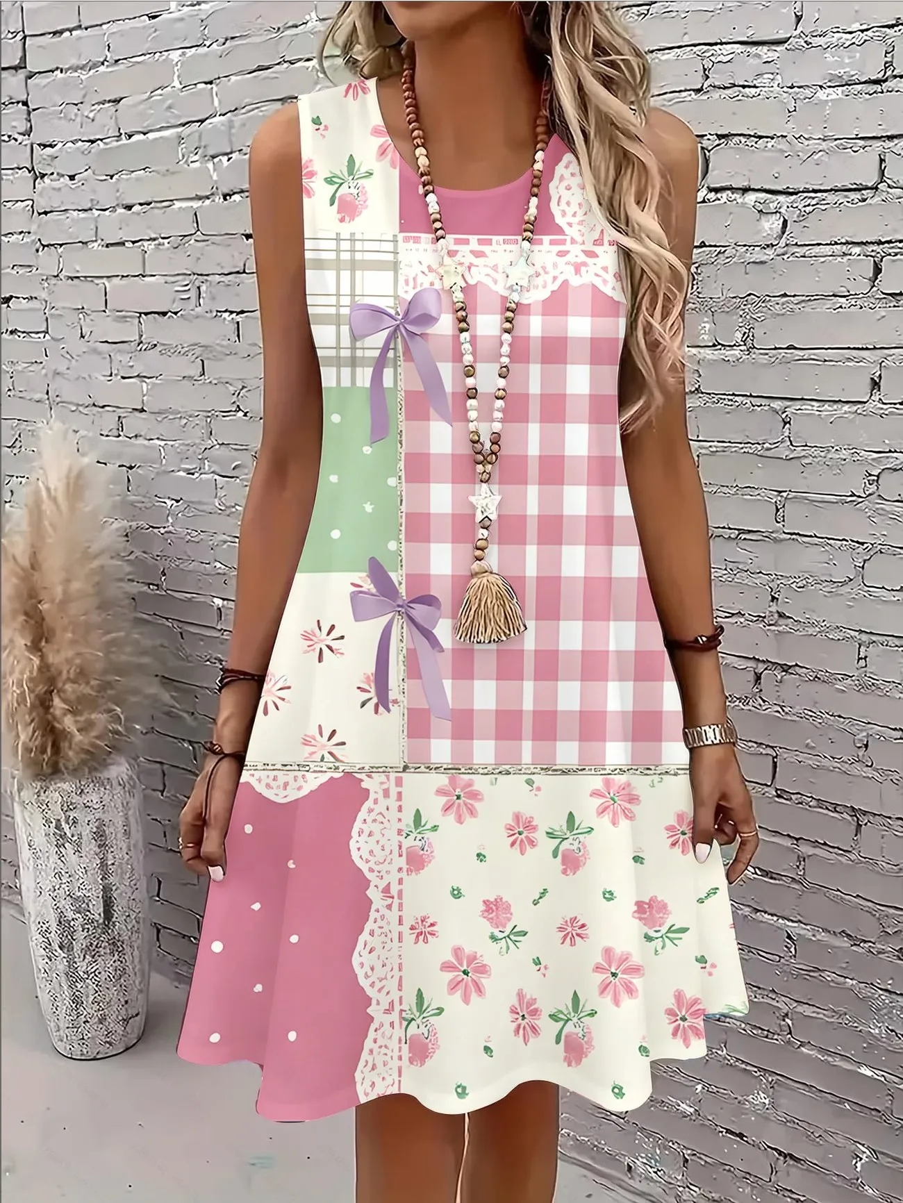3D floral pattern casual dress, women's summer round neck sleeveless A-line mini dress Vestidos