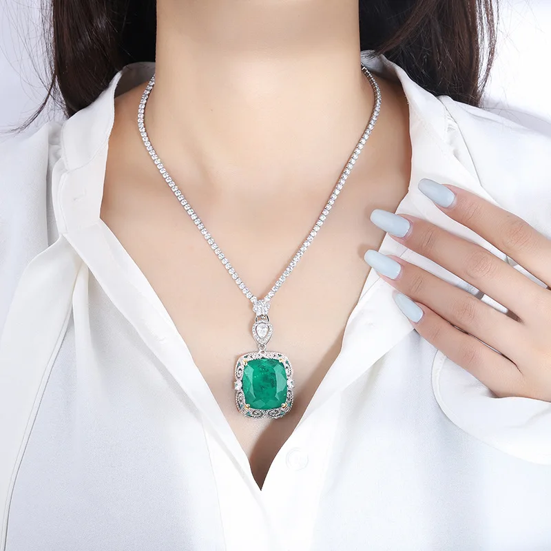 JitDoo Luxury Vintage 20*23mm Emerald Pendant Tennis Chain Necklace for Women Lab Diamond Cocktail Party Fine Jewelry Accessory