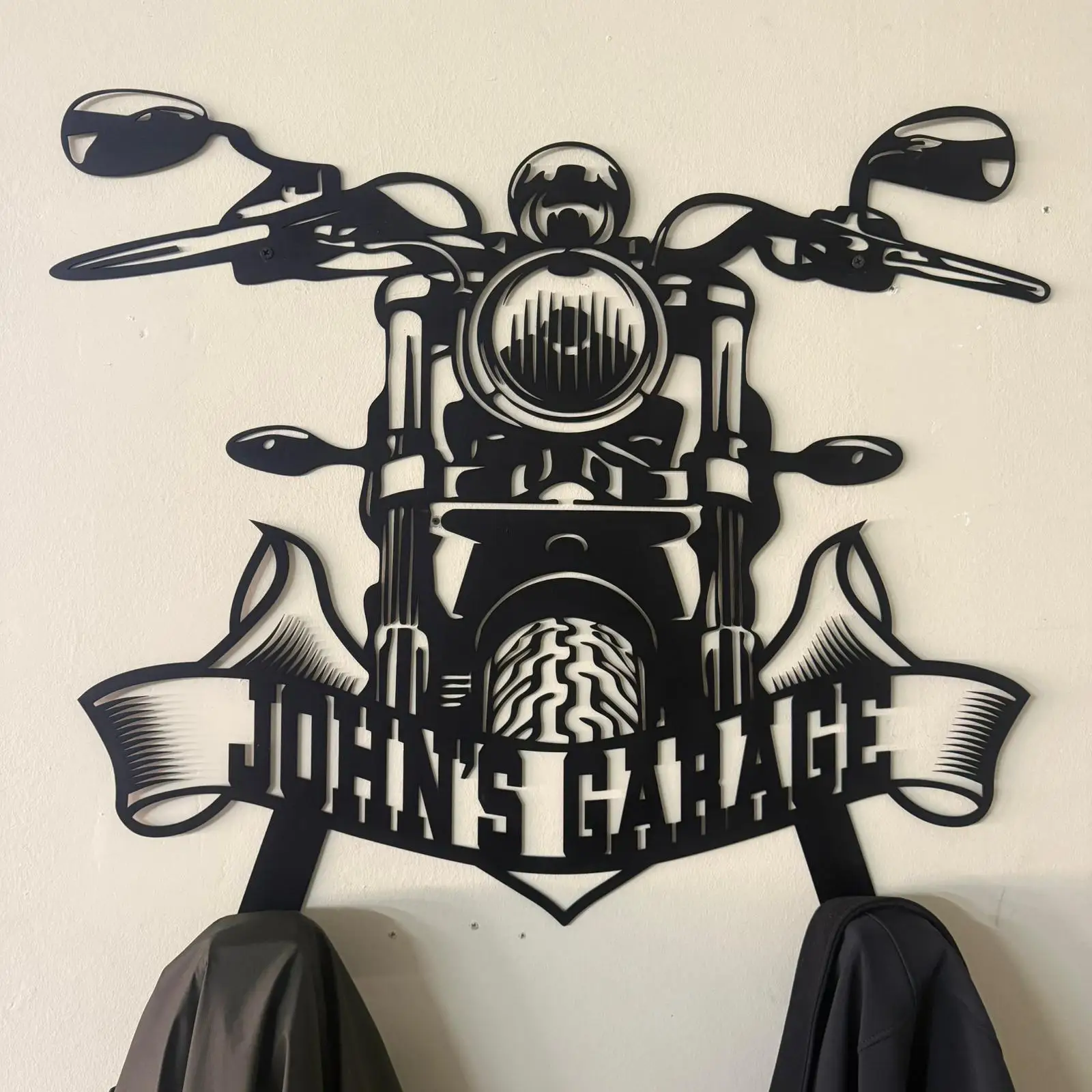

Personalized Metal Motorcycle Helmet & Jacket Holder: Garage Decor
