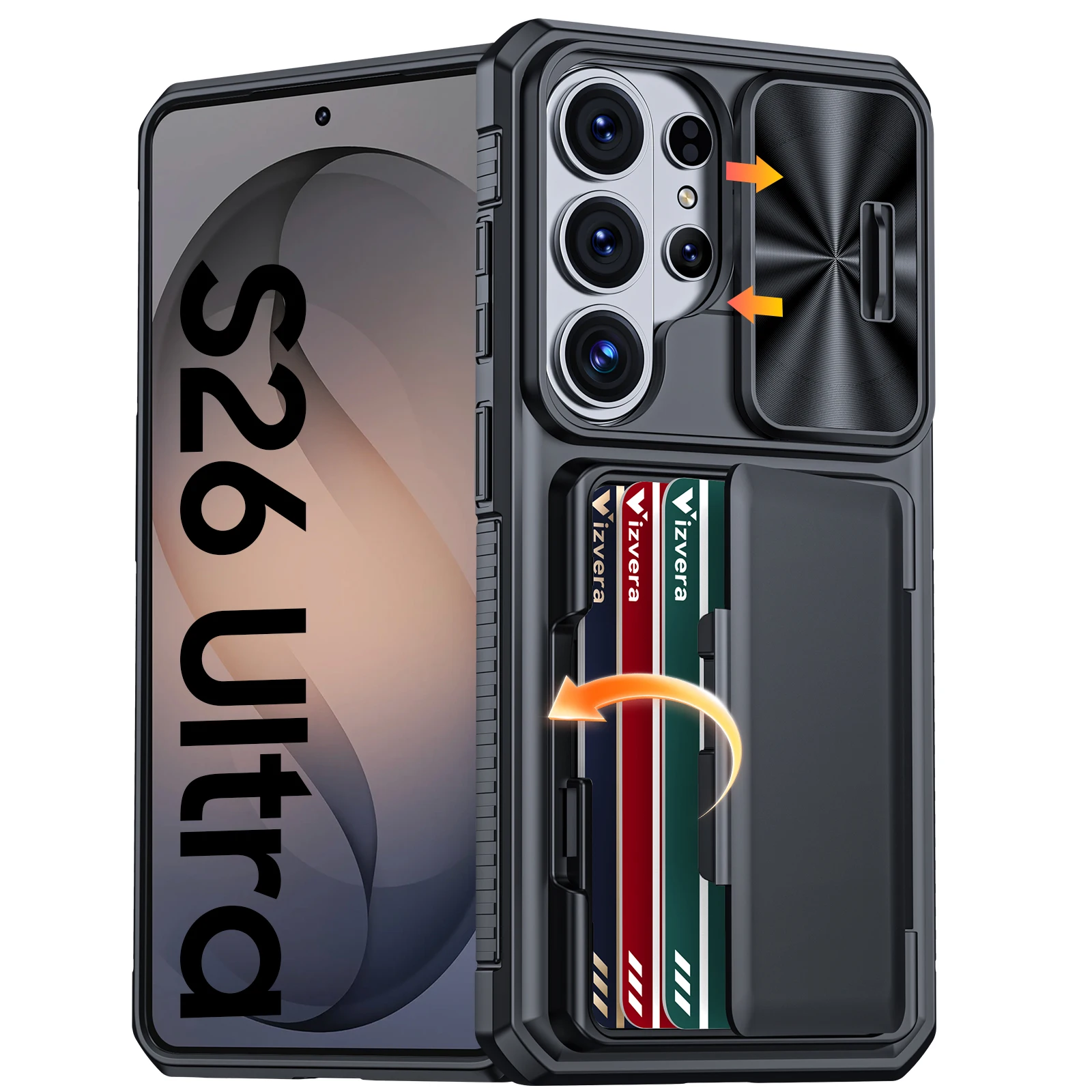 Capa Carteira para Galaxy S26 Ultra com RFID, Porta-Cartões, Proteção de Câmera, Capa Protetora de Silicone Resistente a Impactos para Celular - Preto