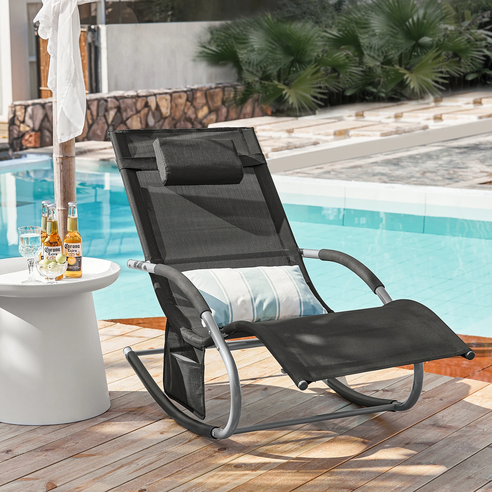 Immagine 3: SoBuy OGS28 Lettino prendisole da giardino con borsa e lettino altalena traspirante e ariosa per giardini, cortili, spiagge