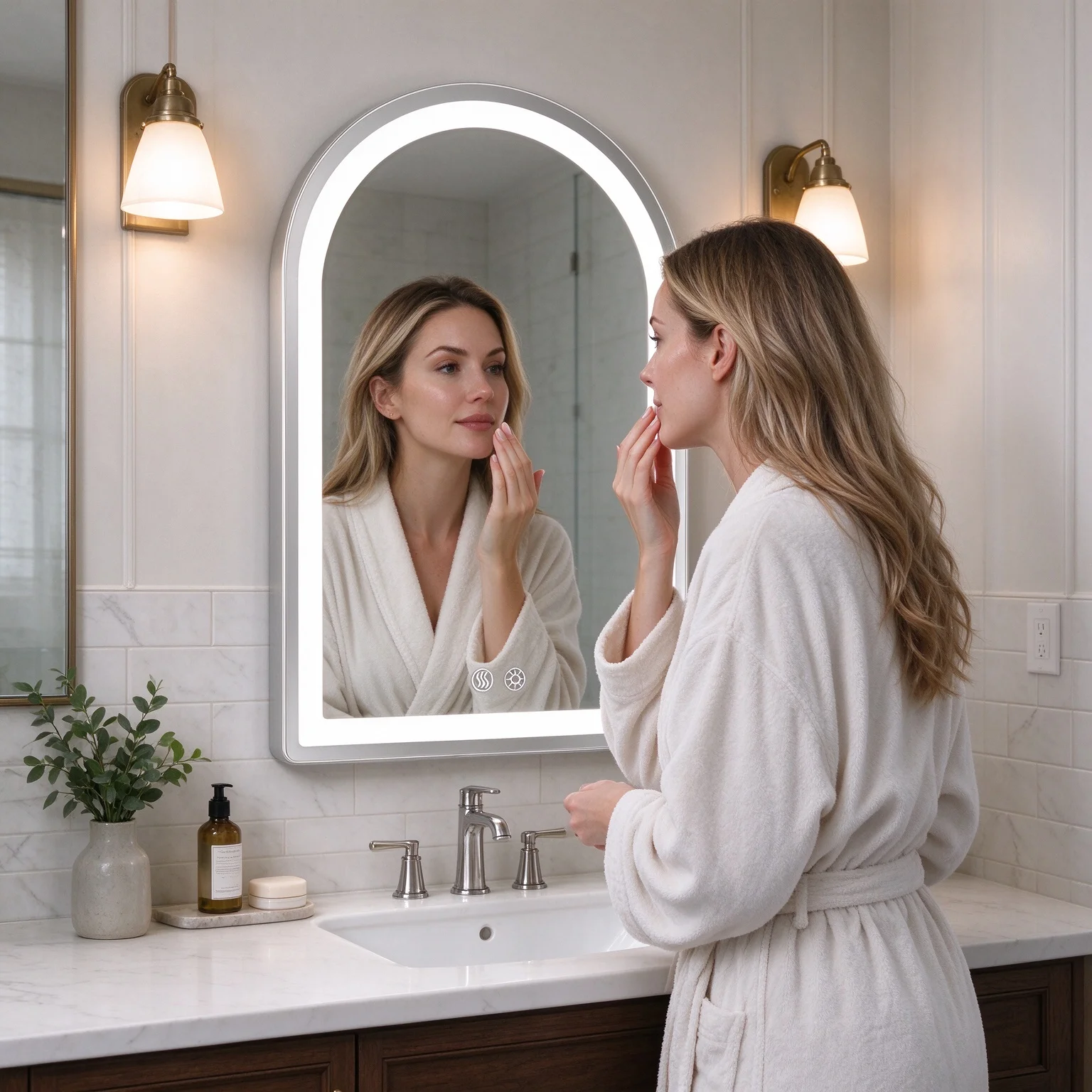 Arch Shaped Backlit Bathroom Mirror Wall Mounted Auto Defog Feature Touch Stepless Dimming Illuminated Makeup Mirror For Home Decoration Bathroom Bedroom