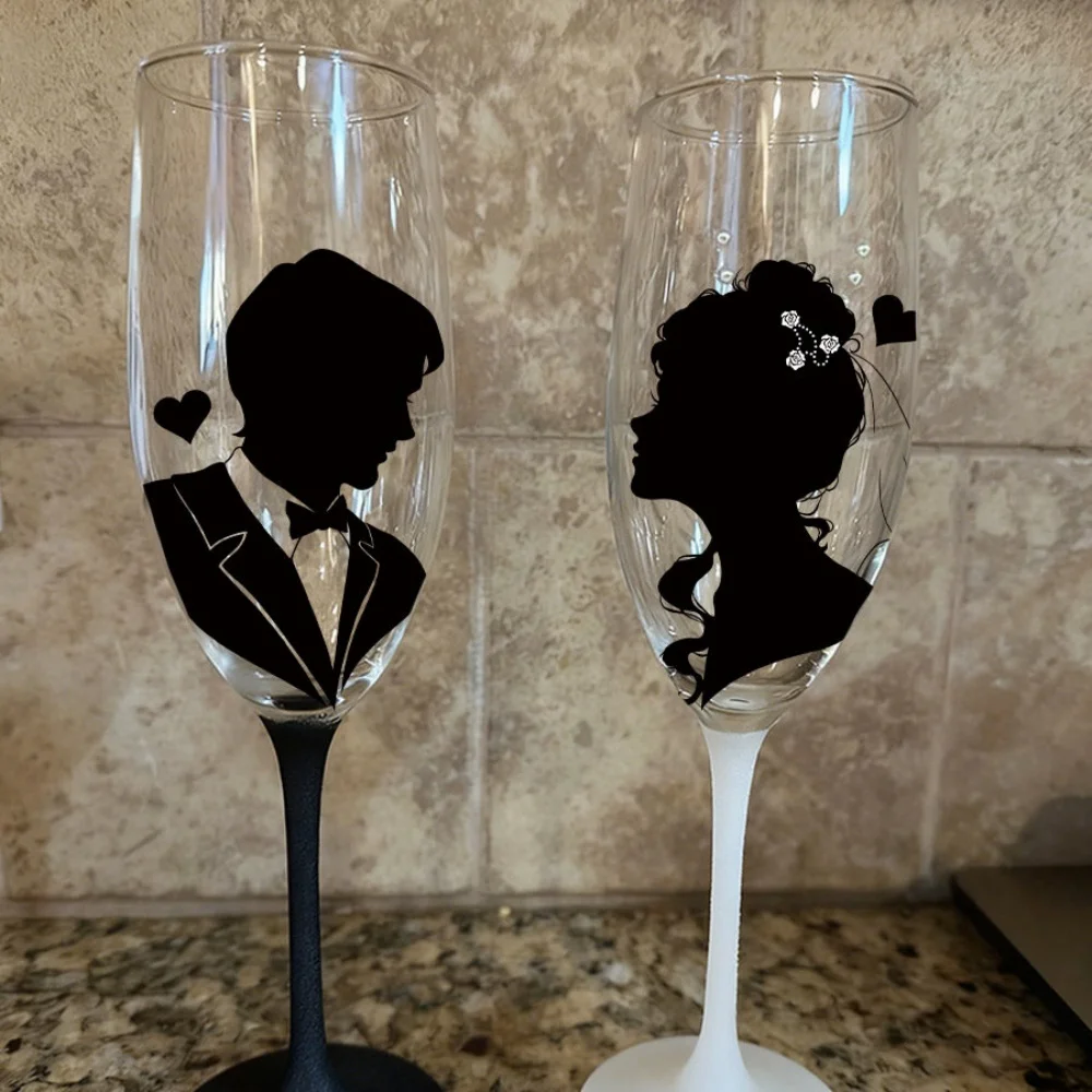 Bride Groom Silhouette Decals, Wedding Couple Profile Vinyl Stickers for Champagne Flutes Glass Cups DIY Craft Decoration