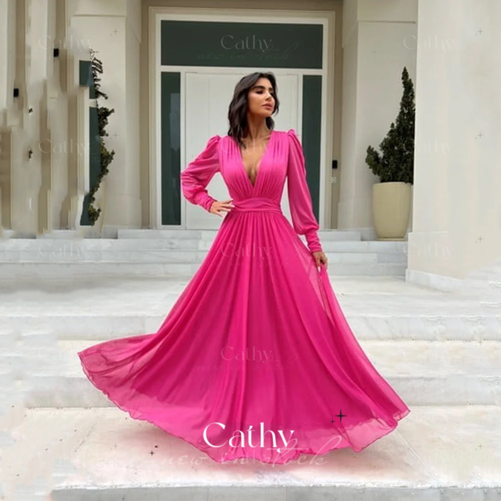 

Tulle Long Sleeves Prom Dress Rose Pink Party Dresses Sexy Deep V-neck Prom Dresses 2022 Luxury Gowns