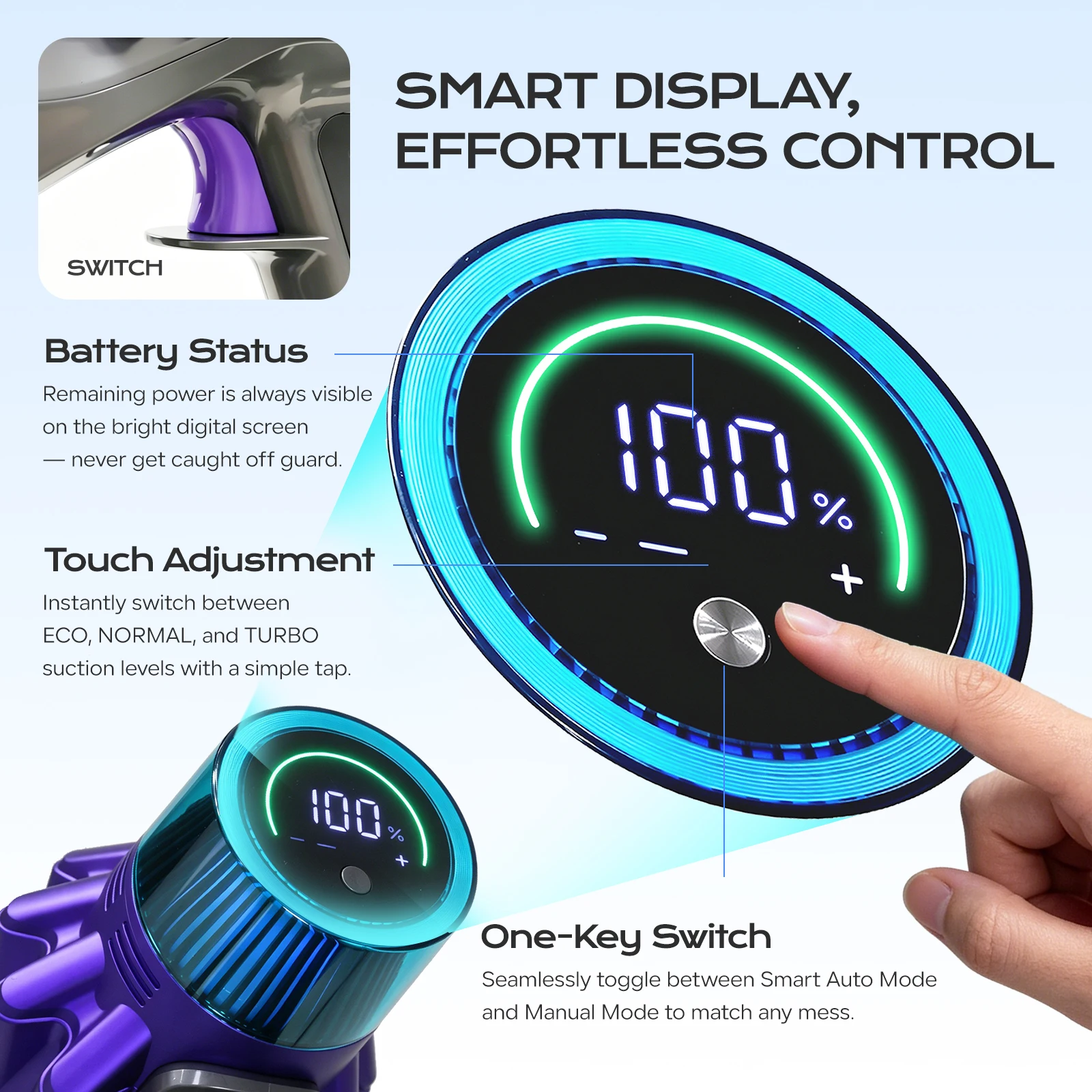 V16 500W 75Kpa Aspiradora sin Cable con Pantalla Táctil, Modo Auto, Sensor de Polvo Infrarrojo, Filtración HEPA de 6 Etapas, 60min Autonomía, Batería Extraíble, Pantalla LED para Suelos Duros, Alfombras y Pelo de Masco