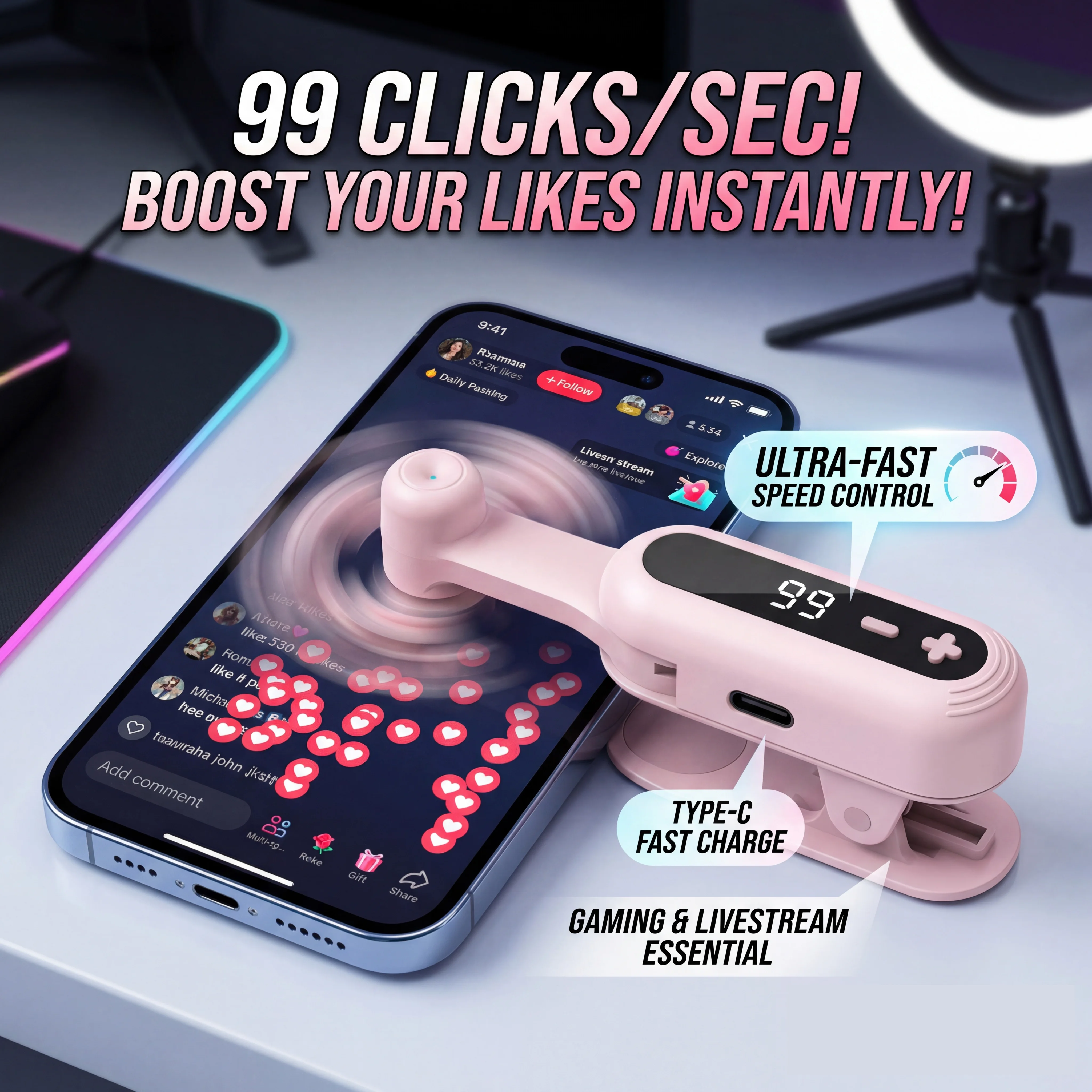 Universal Screen Auto Clicker Clip-On Tapping Device with Digital Display Adjustable Speeds Simulated Finger Touch for Smartphones Tablets Live Stream Games Fast Clicking