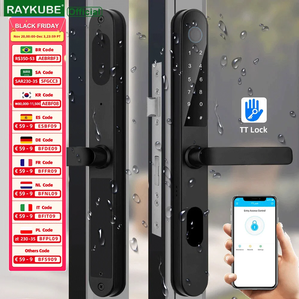 RAYKUBE DQ09 IP68 Waterproof Bluetooth Door Lock Aluminum Door Locks With TT Lock APP Fingerprint Password IC Card Key Unlock