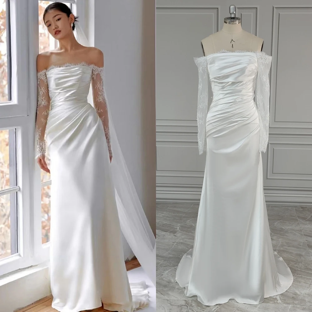 2315 #   Personalizado estilo coreano simples mangas compridas ilusão plissado renda vestido de casamento elegante vestido de noiva para mulher personalizado