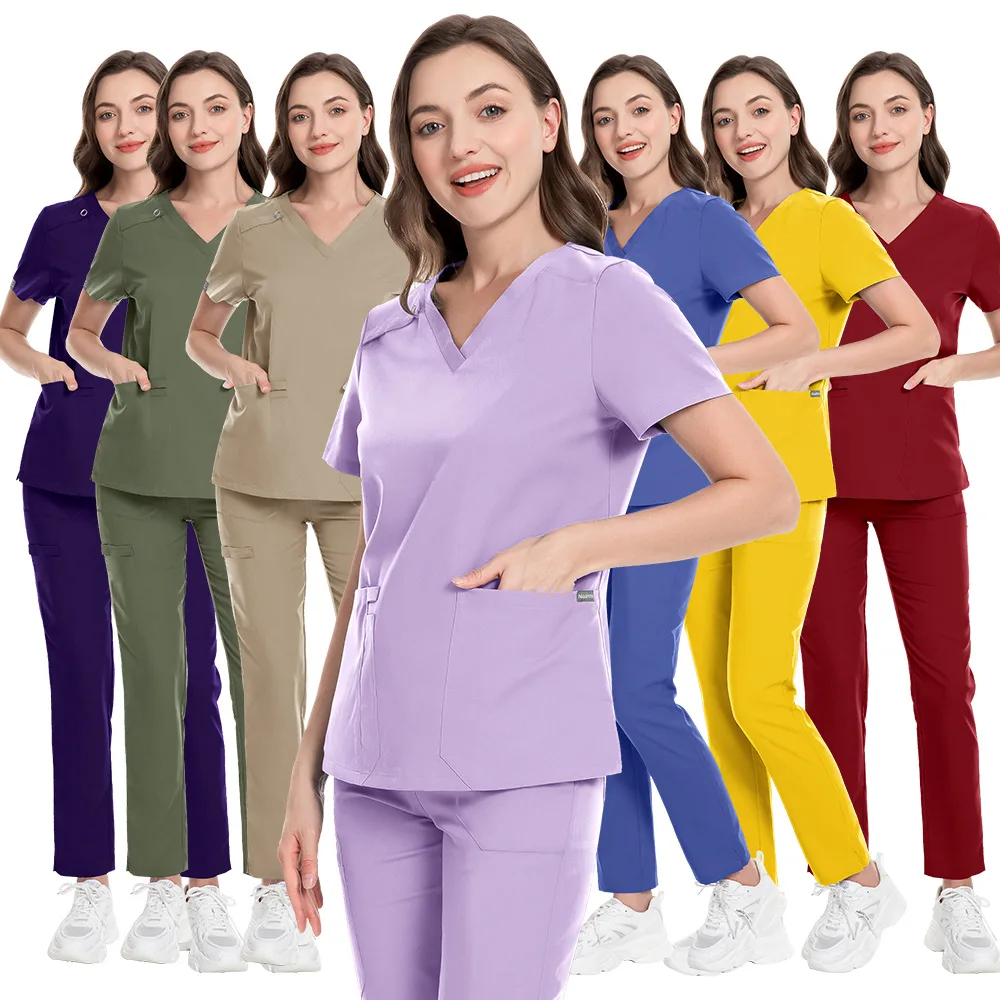 

Unisex Workwear Suits Doctor Nursing Uniforms Short Sleeve V-neck Tops Pocket Pants Nurse Scrubs Set Medical Clinical Clothes