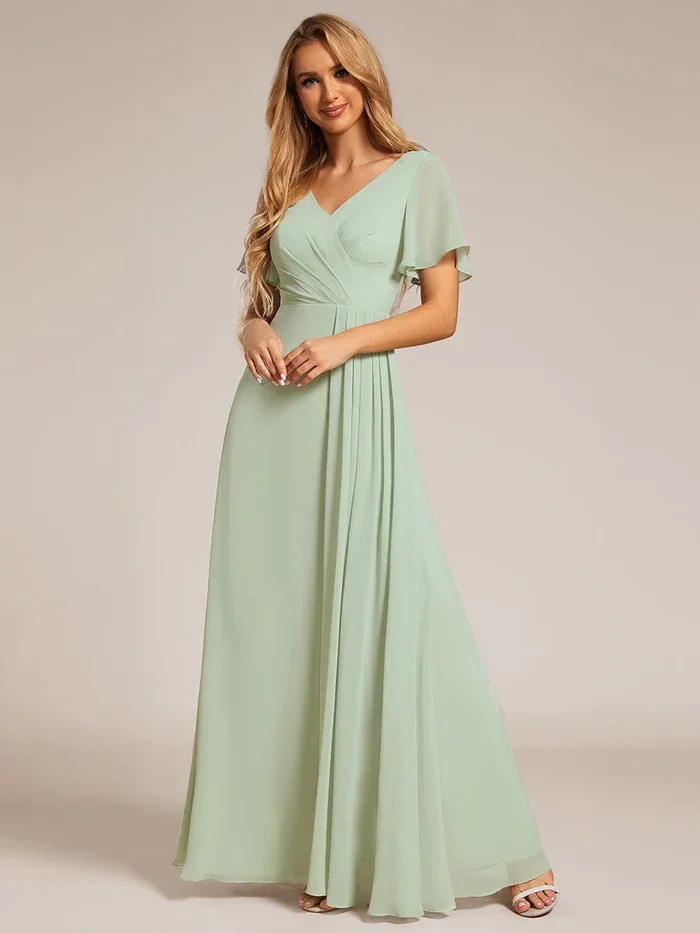 

Ever Pretty Elegant High Slit V-Neck Lotus Leaf Ruffles Sleeve Asymmetrical Ruched Empire Waist Chiffon Evening Dresses