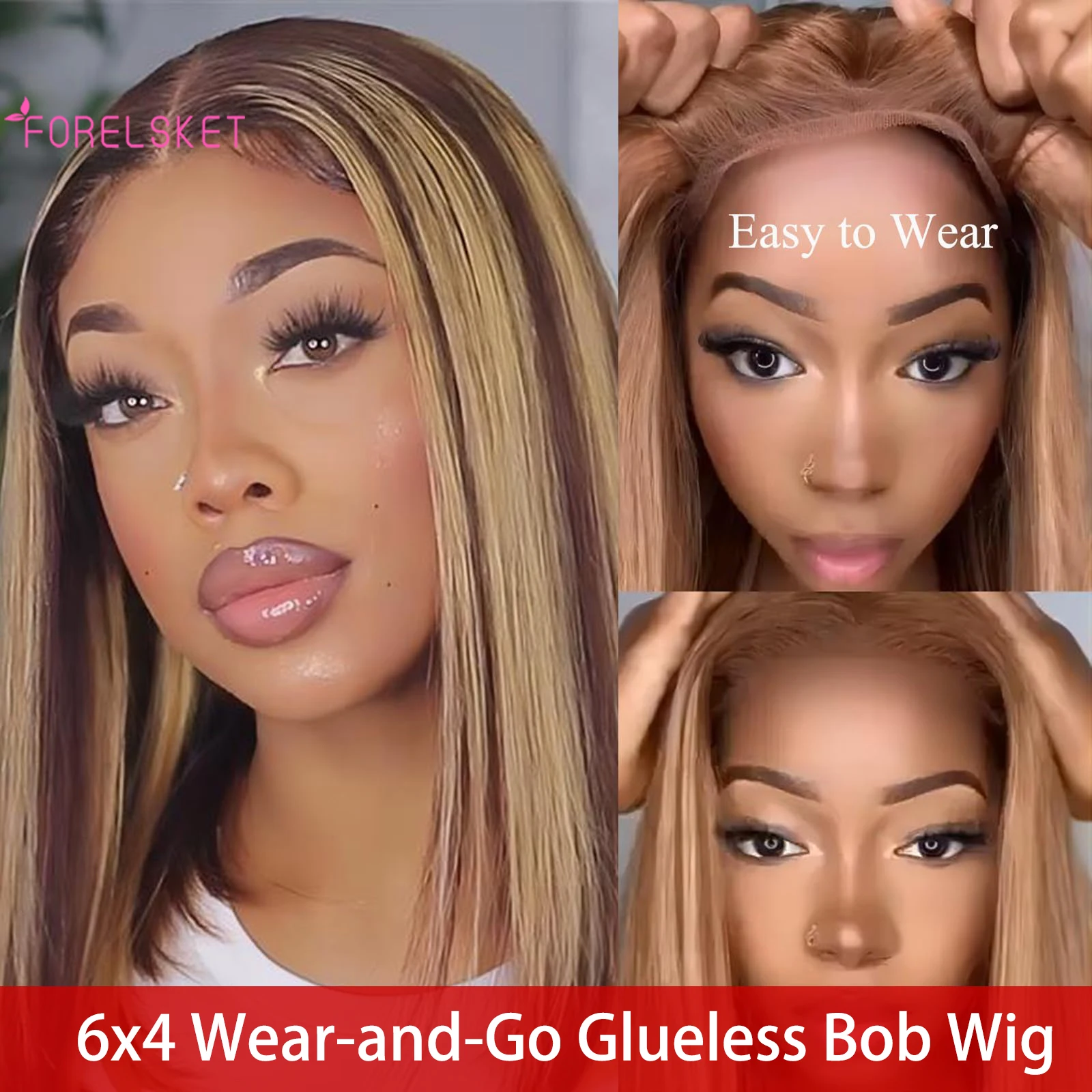 Glueless Wigs Human Hair Highlight Bob Wig Human Hair Wear and Go Glueless Wig Pre Cut Lace Front Wigs For Women 180% Density