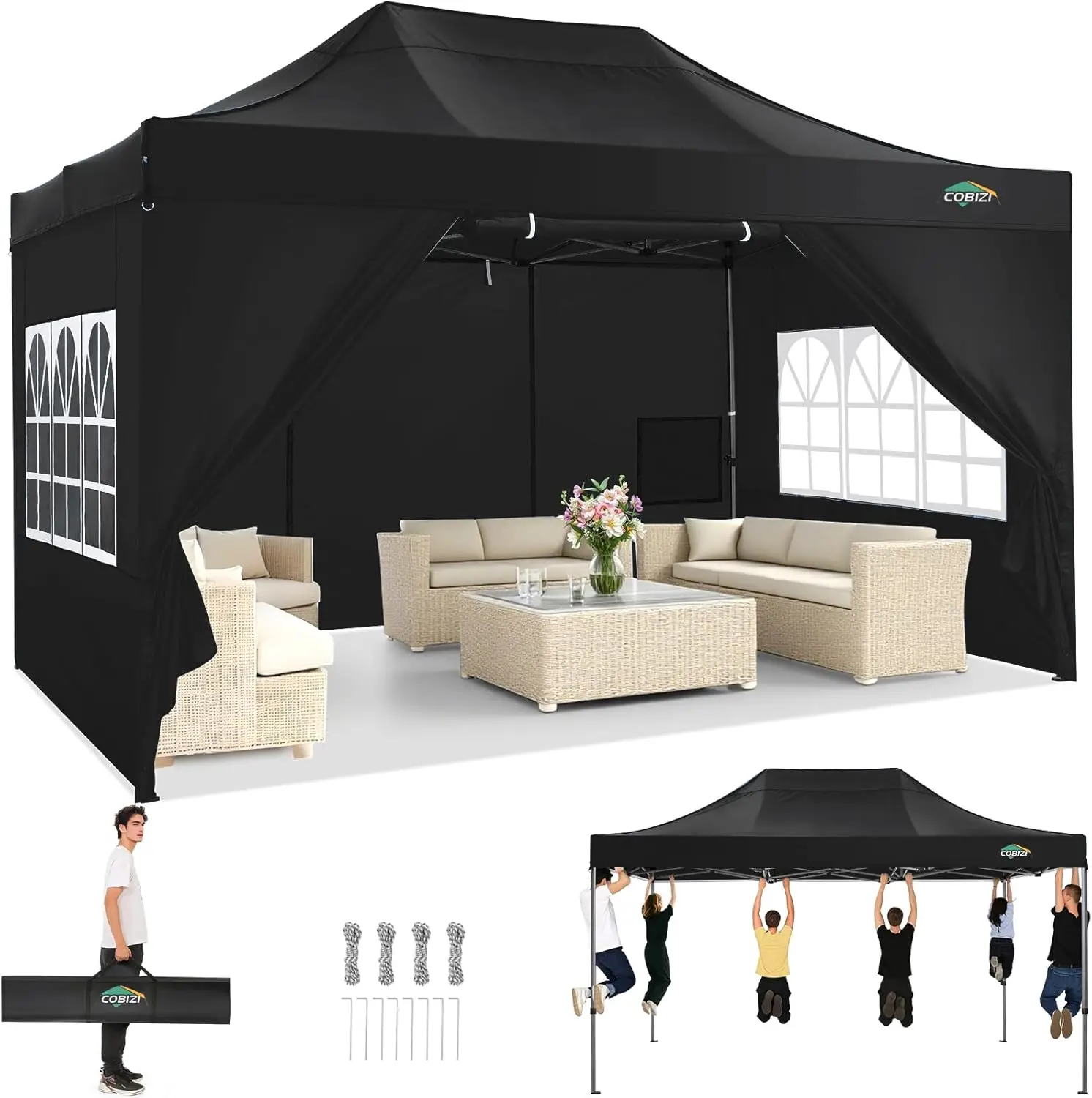 10x15 Pop up Canopy Tent Heavy Duty Gazebo with 4 Sidewalls,UPF 50+ All Weather Waterproof Commercial Outdoor Wedding Party Tent